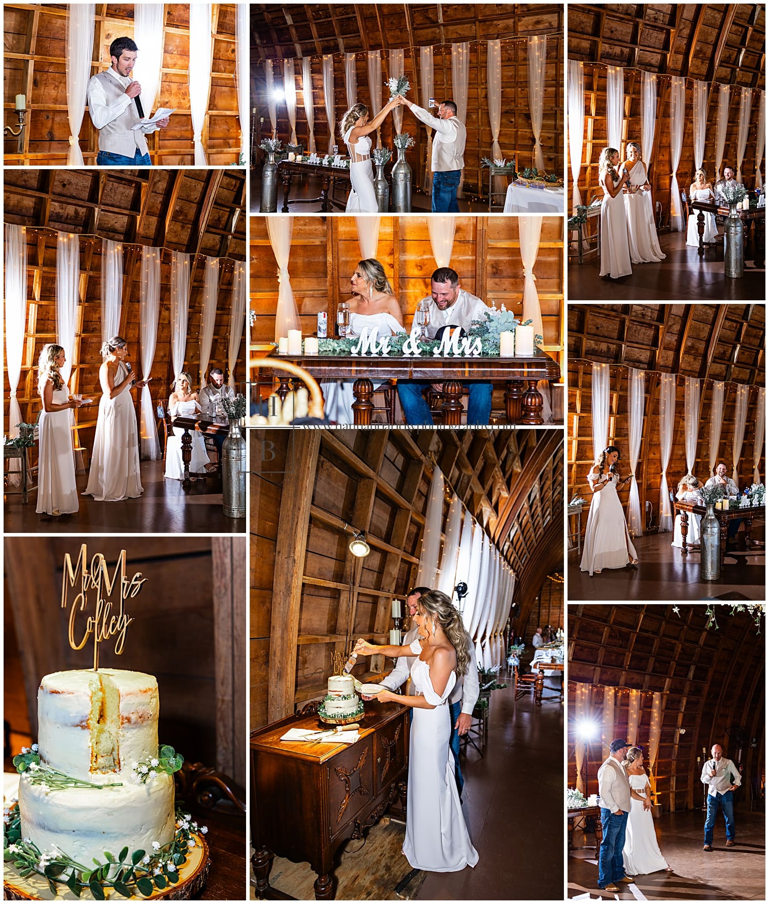 wedding speeches and cake cutting inside Bramblewood Barn McDonald PA
