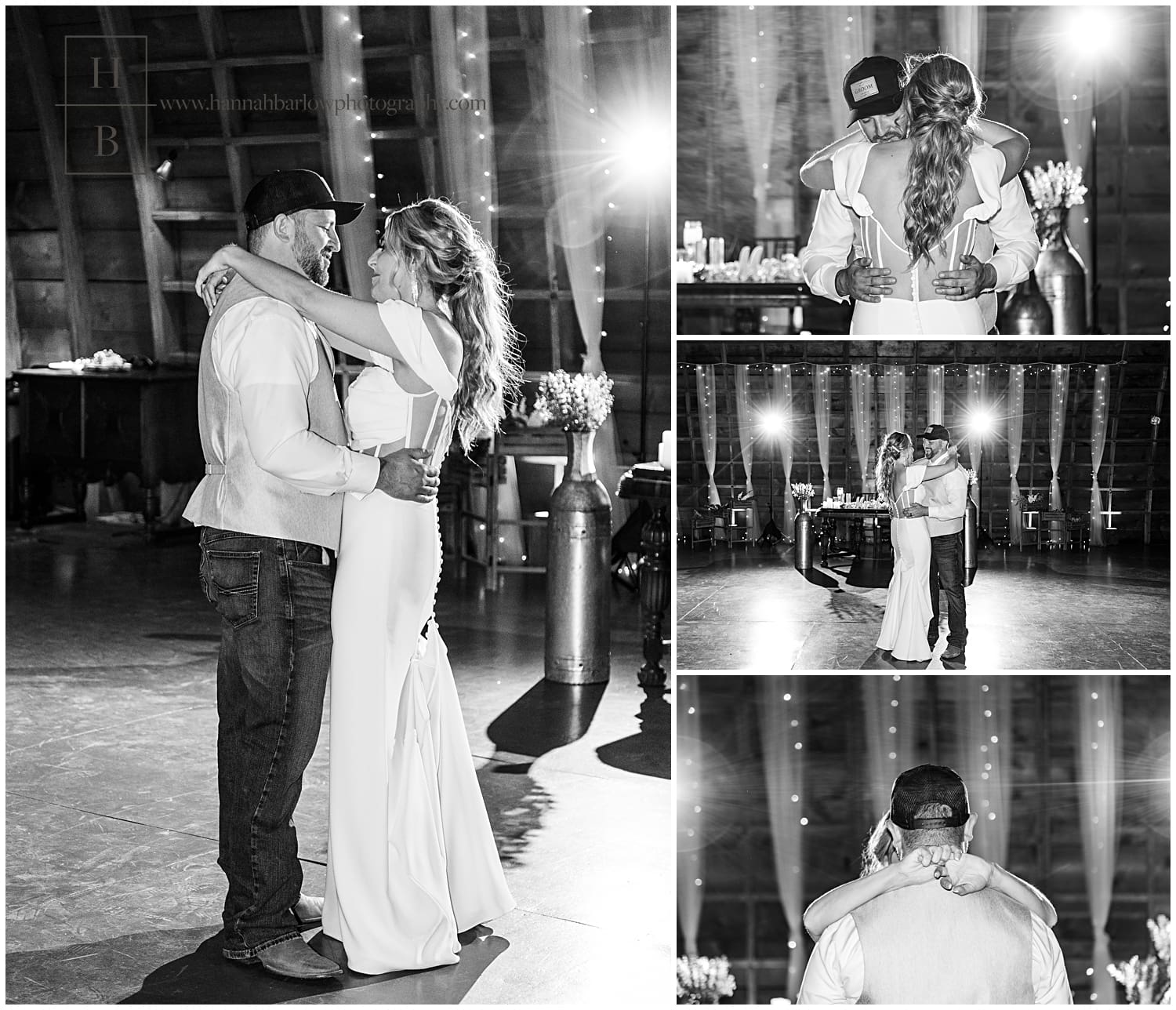 black and white photos of couple dancing first dance inside barn
