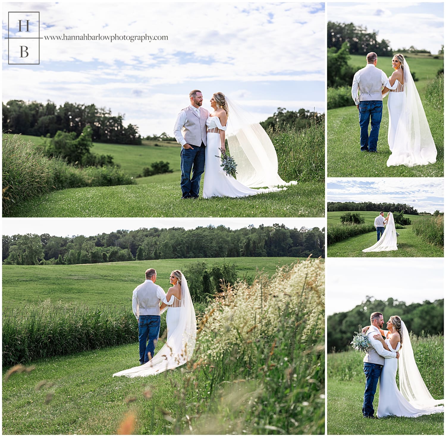 bride and groom walk on hilltop for wedding photos in the summer