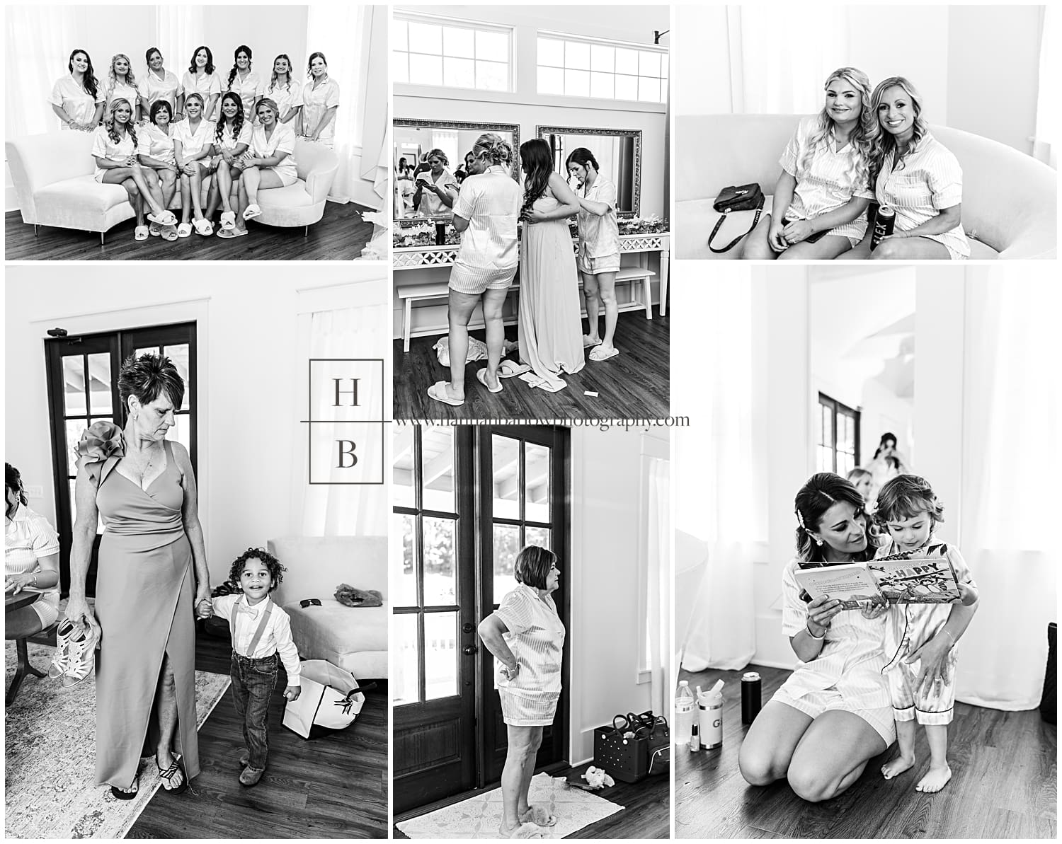 black and white photos of bride and ladies getting ready inside cabin