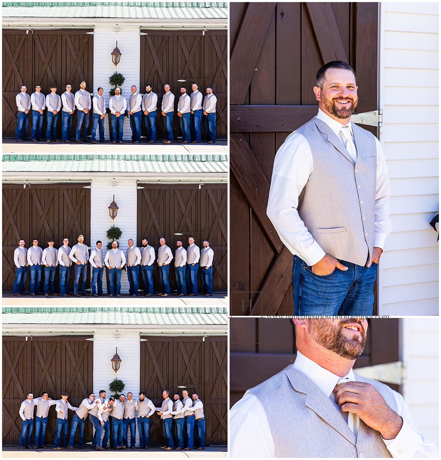 groom and groomsmen pose outside Bramblewood McDonald pa barn