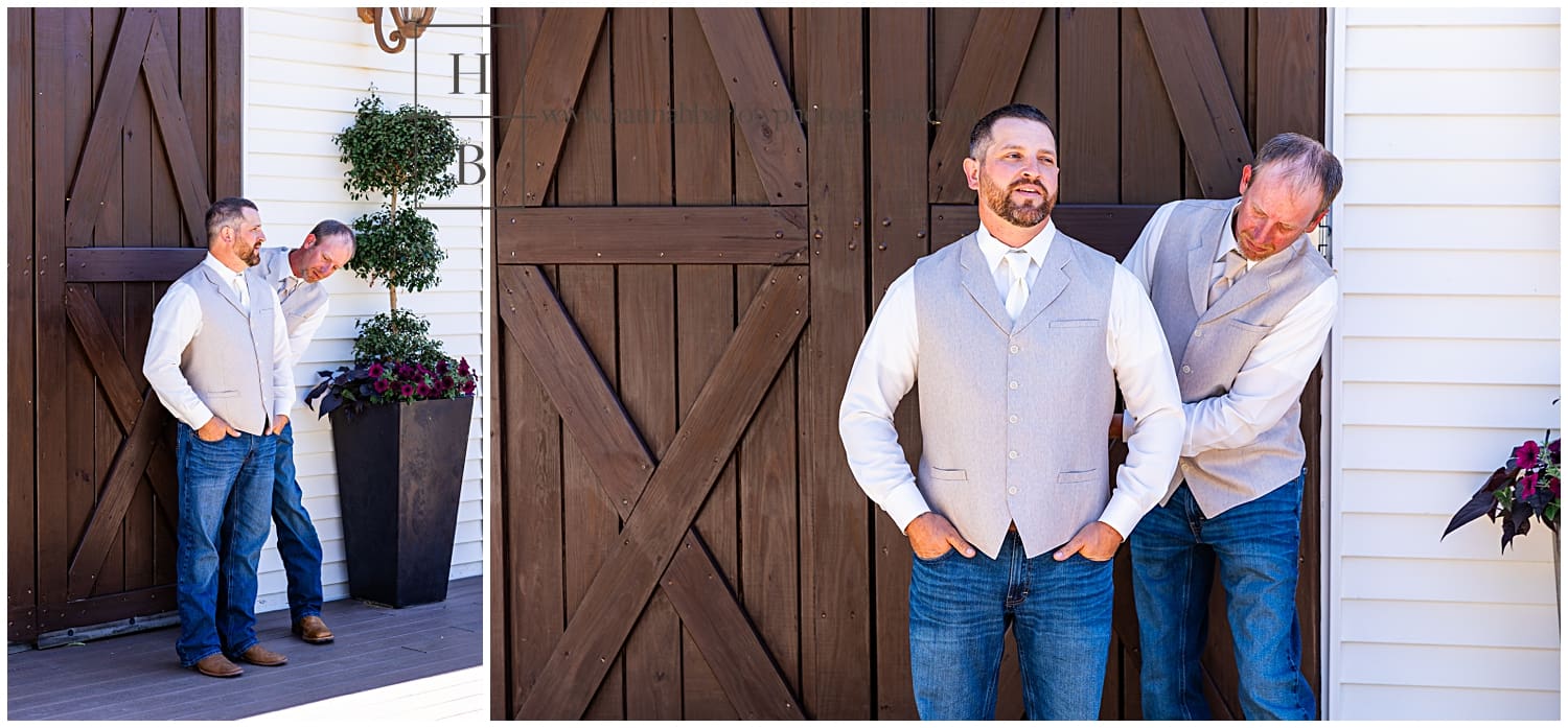 groomsmen adjust groom's belt and laugh