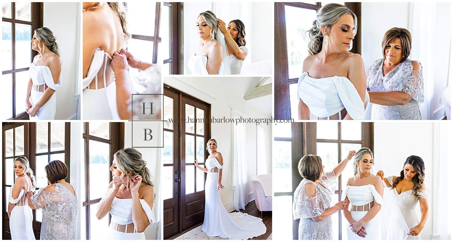 bride stands by wood door getting ready for wedding