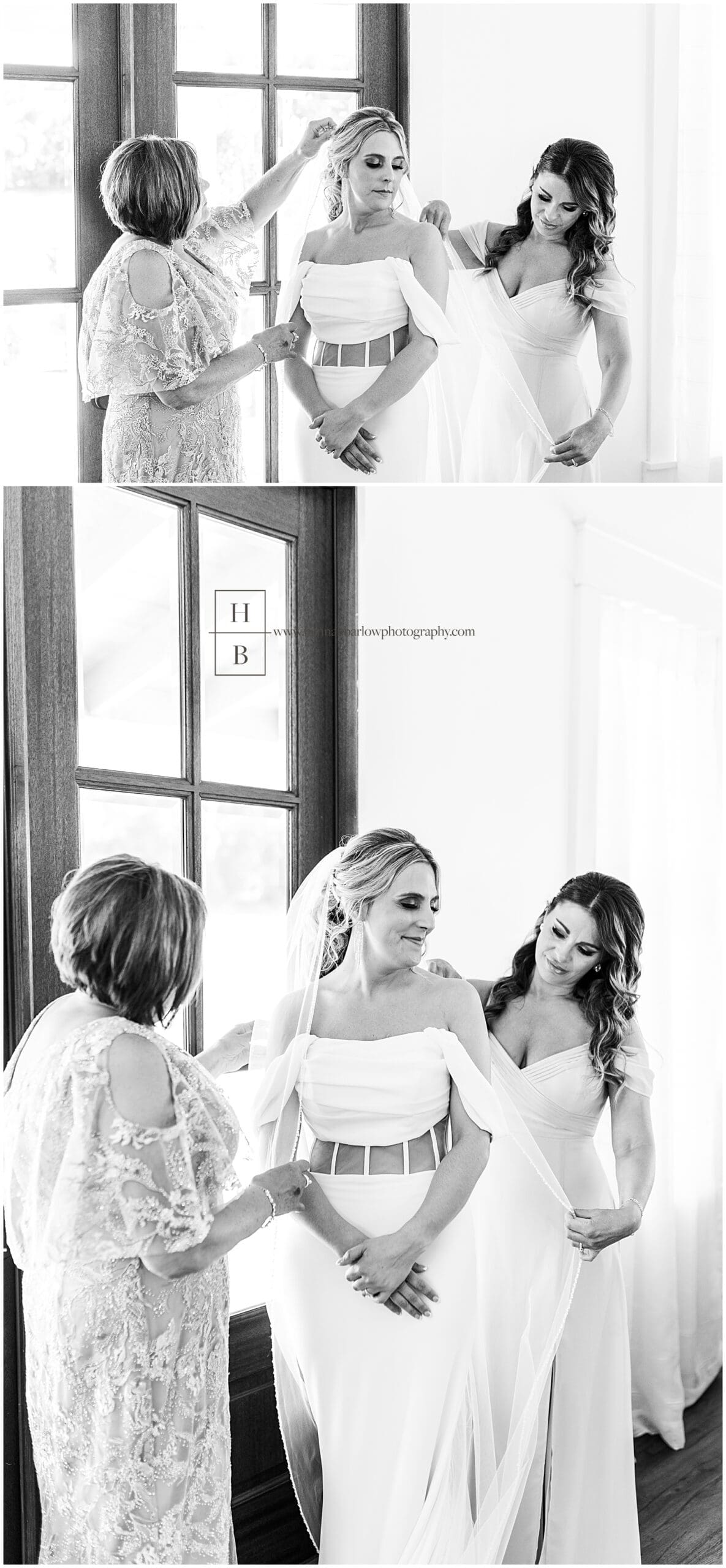 mother of bride and sister help bride get ready in black and white photo