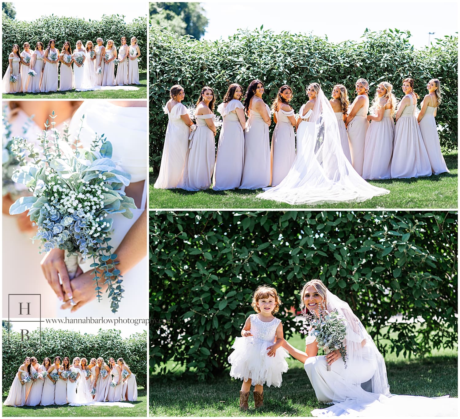 bride and bridesmaids pose for wedding portraits