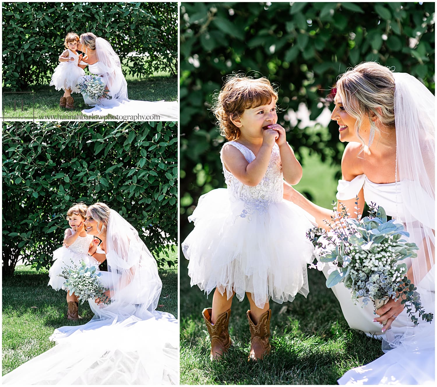 flower girl and bride pose together for candid photos