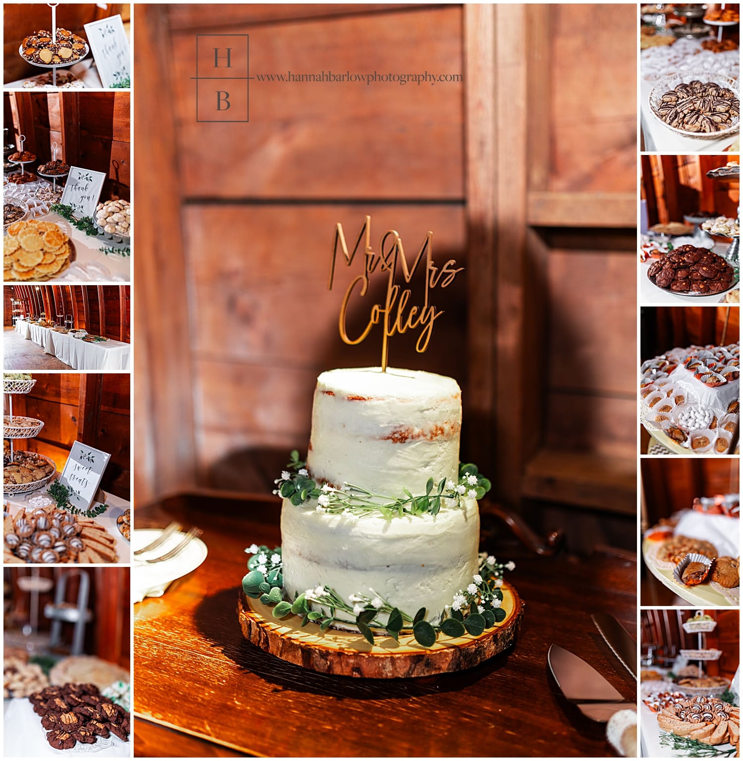 wedding cake and desserts displayed inside Bramblewood McDonald pa wedding barn
