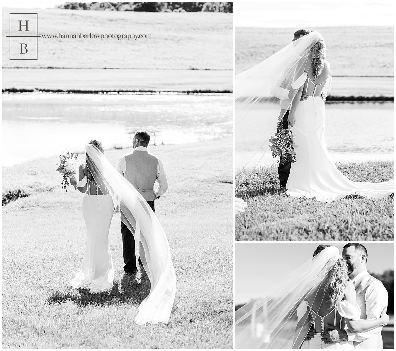 black and white wedding portraits with veil blowing in the wind