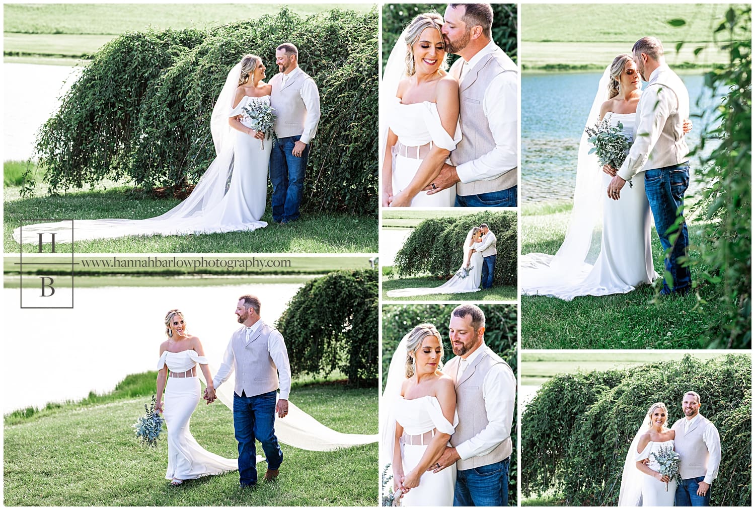 bride and groom pose for wedding photos by green hedges