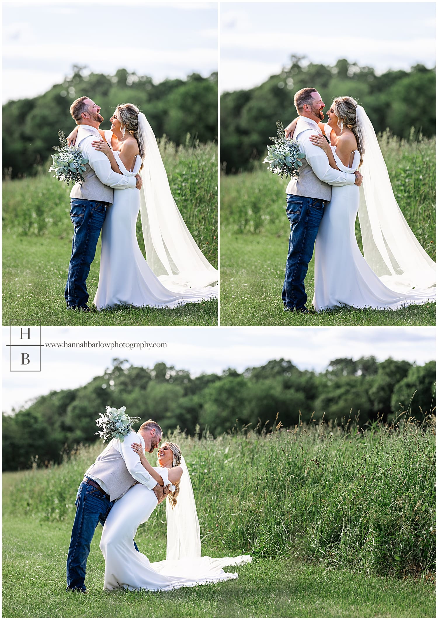 groom laughs while dipping bride