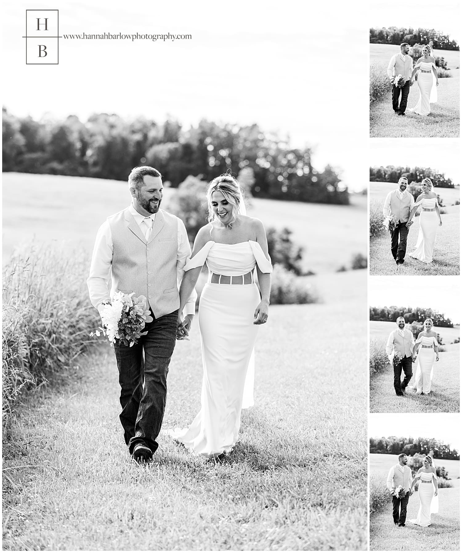 black and white photos of groom holding bouquet walking with bride