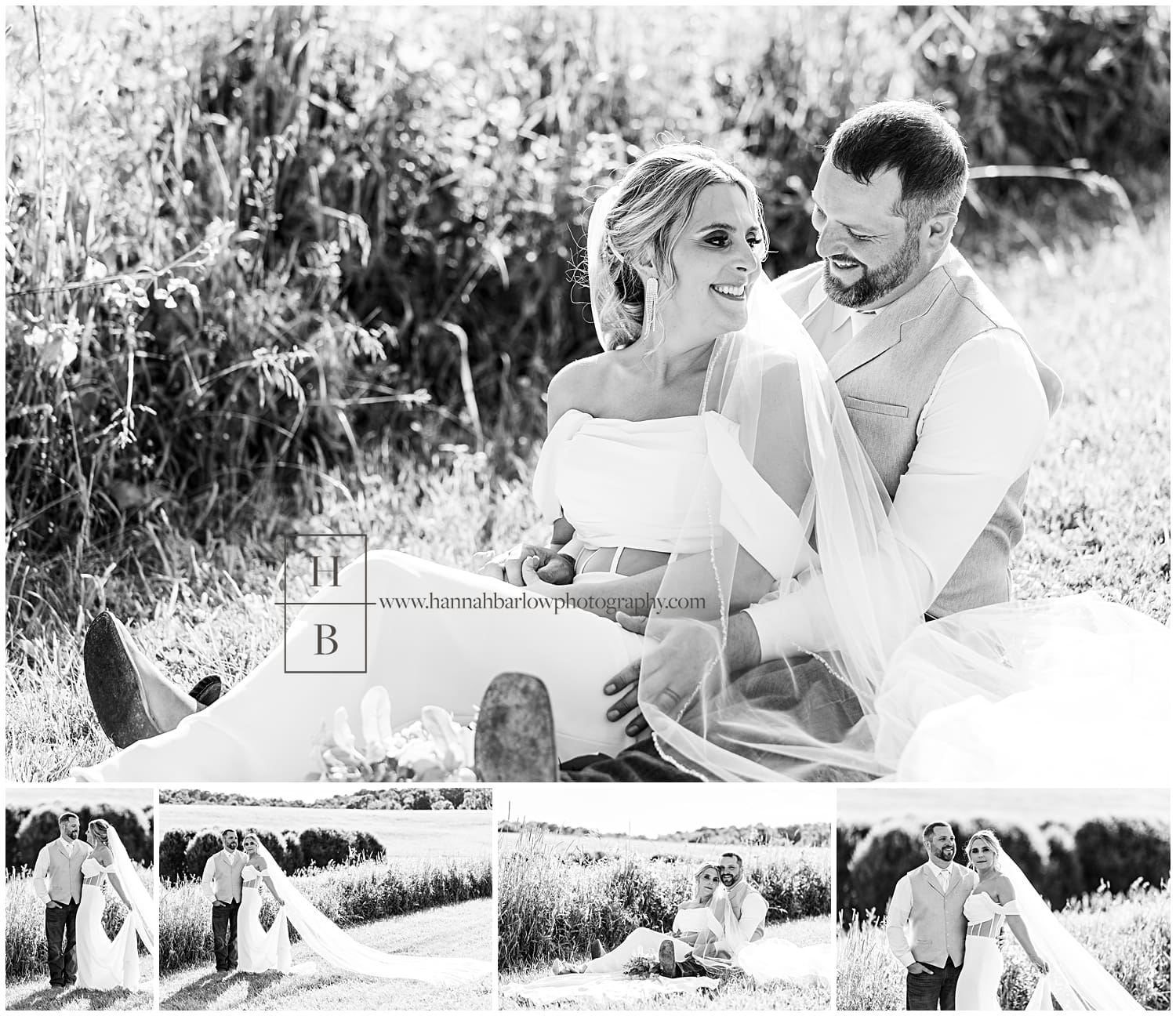 bride sits on ground while groom hugs her from the back in black and white wedding portraits