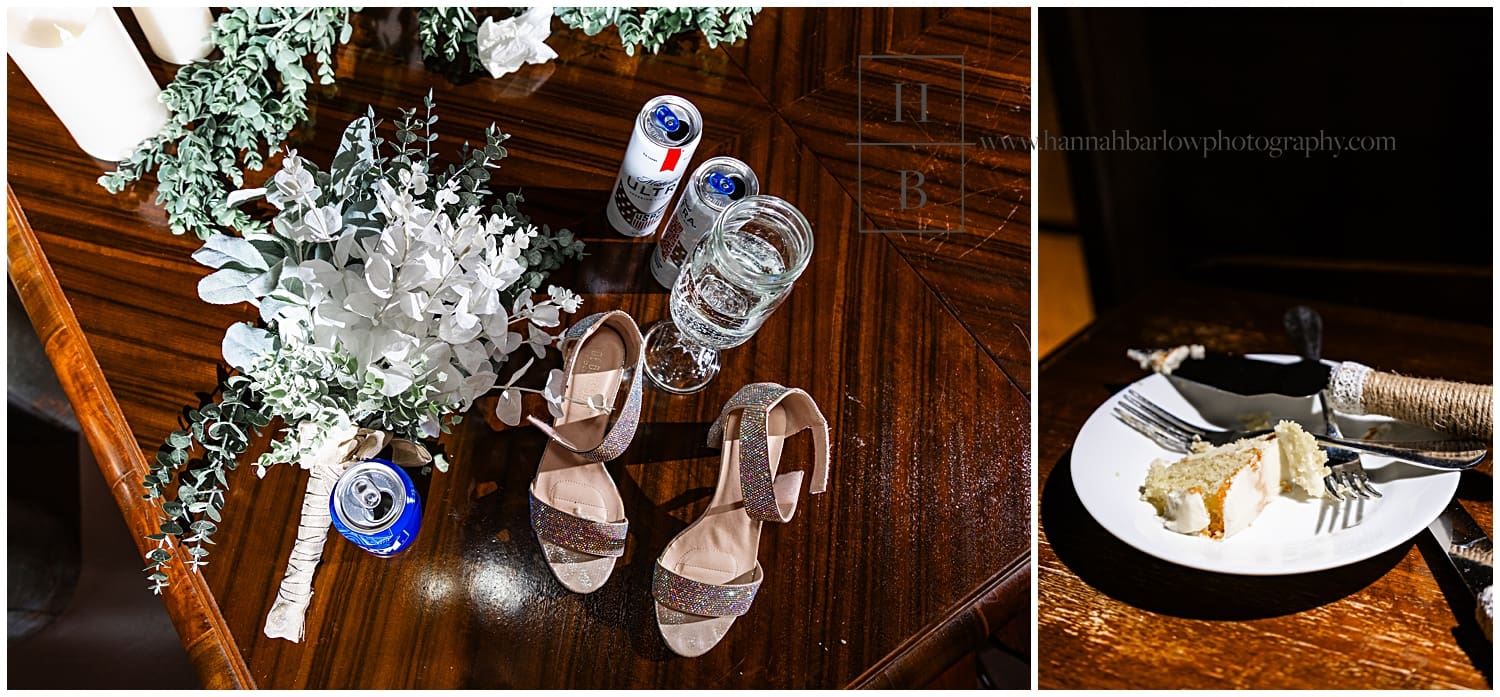 end of night wedding details of half eaten cake and shoes and beer cans