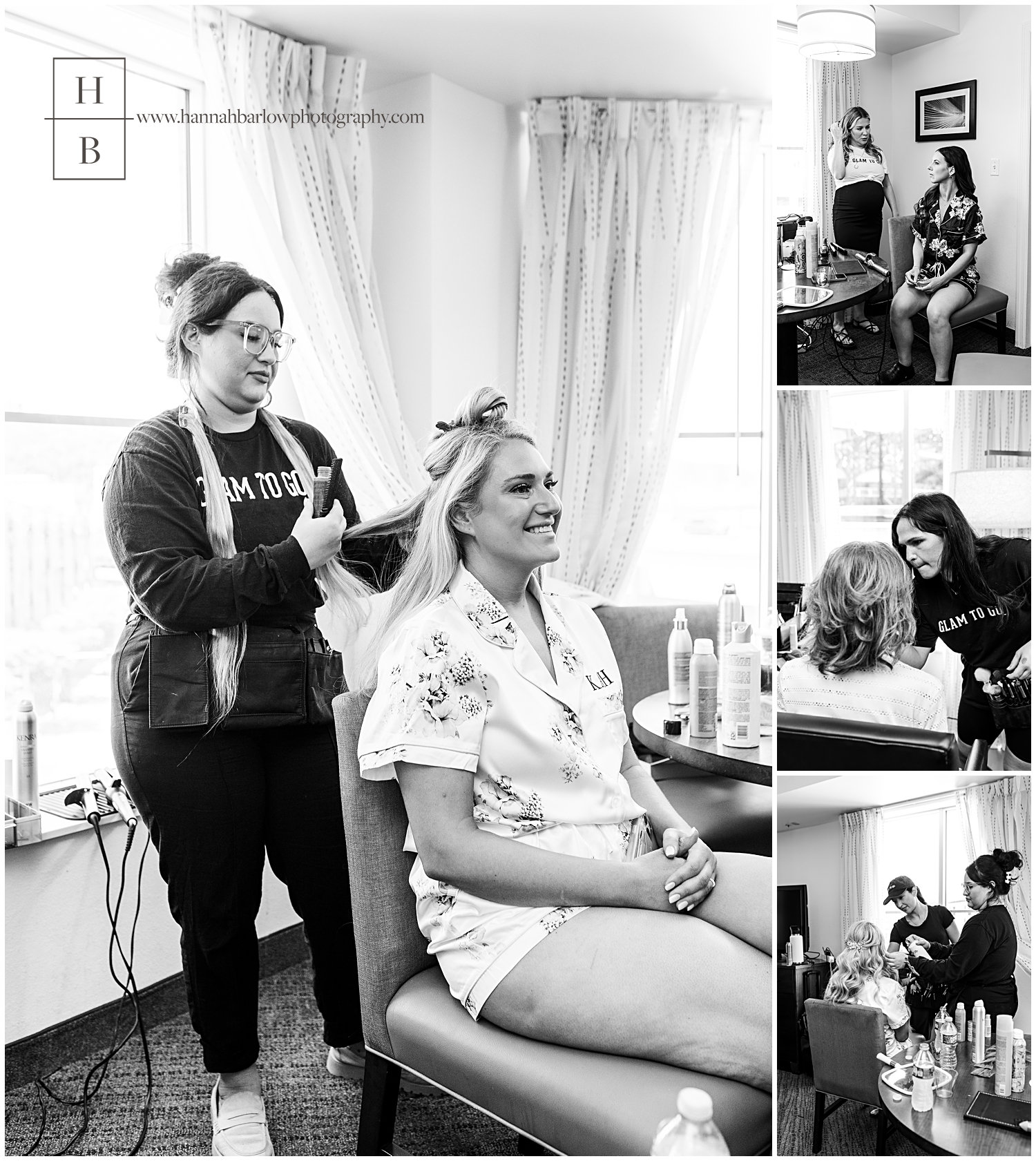 Black and White Photos of Bride Getting Hair and Makeup Done