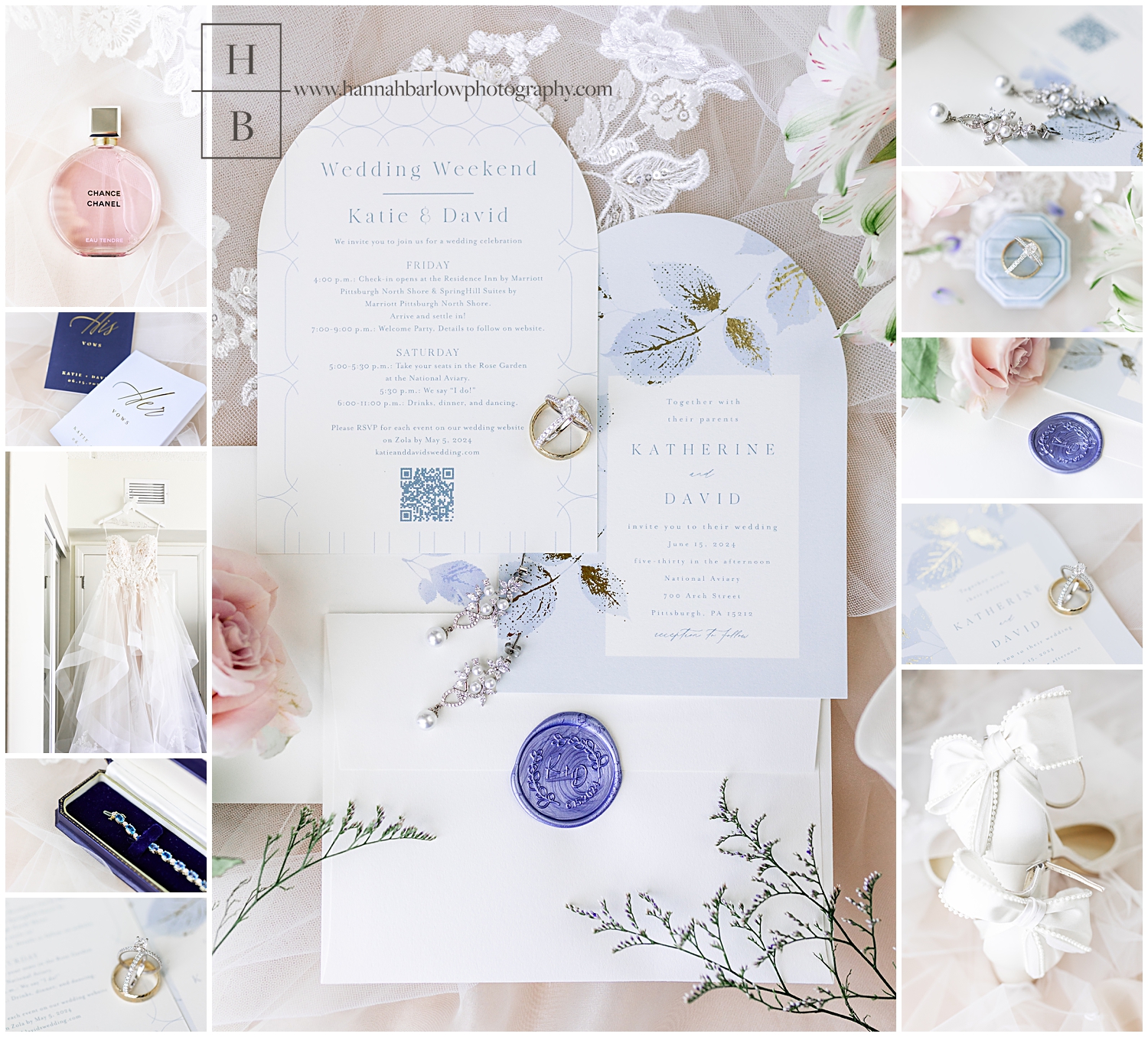 Blue and pink bridal wedding details