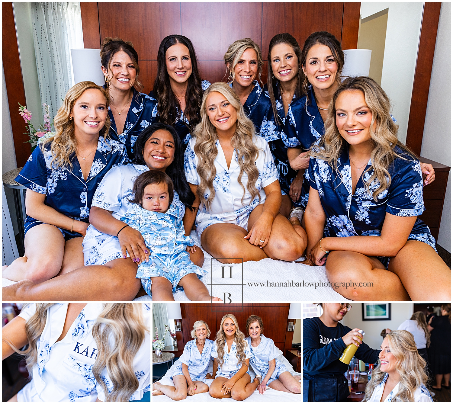 Bride and Bridesmaids in silk floral robes pose on bed before getting ready