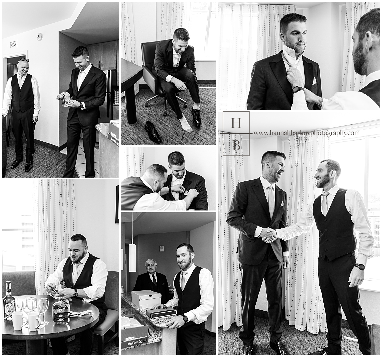 Black and white photos of groom and groomsmen getting ready in hotel room