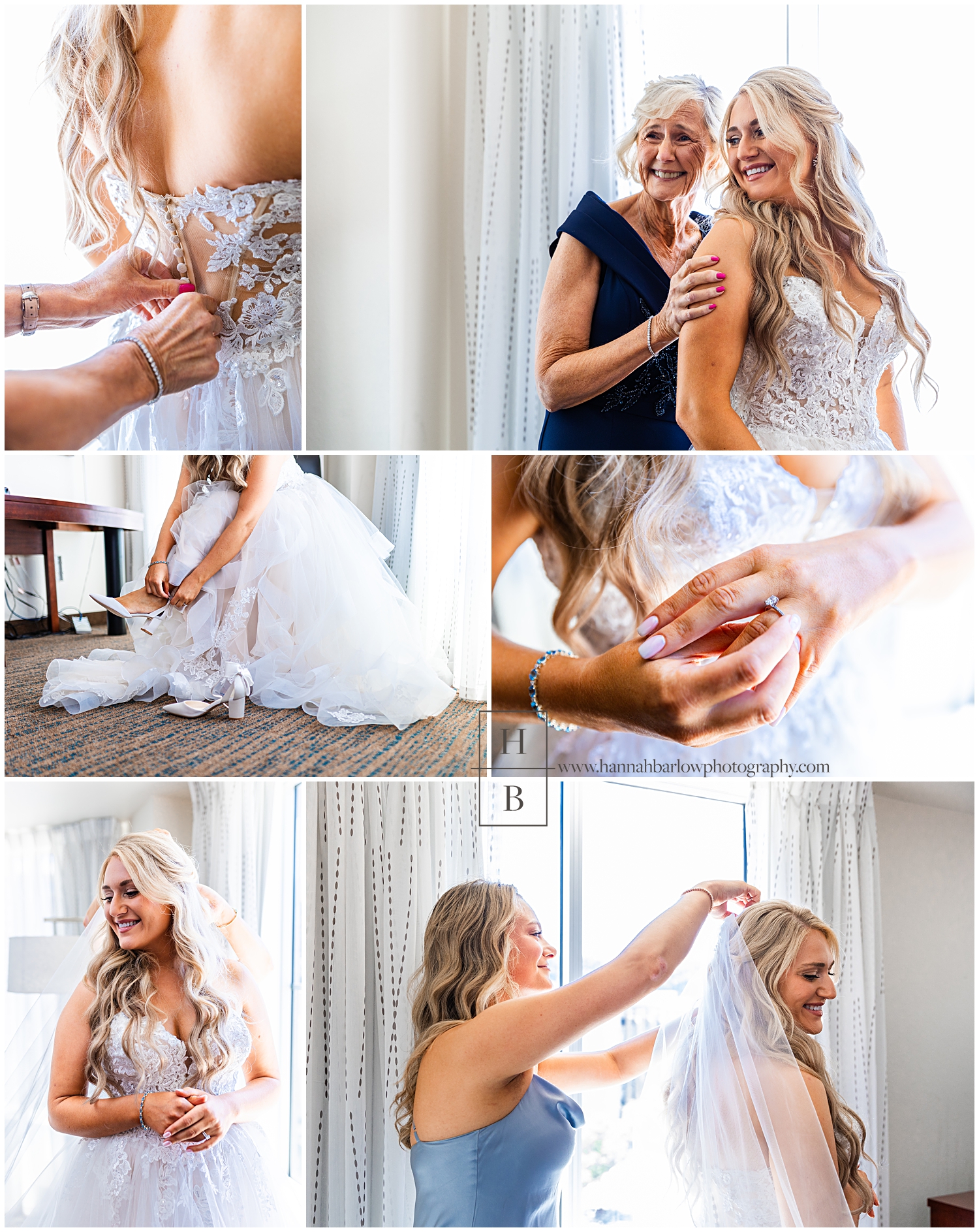 Bride gets in gown, shoes, and veil with help of mom and maid of honor