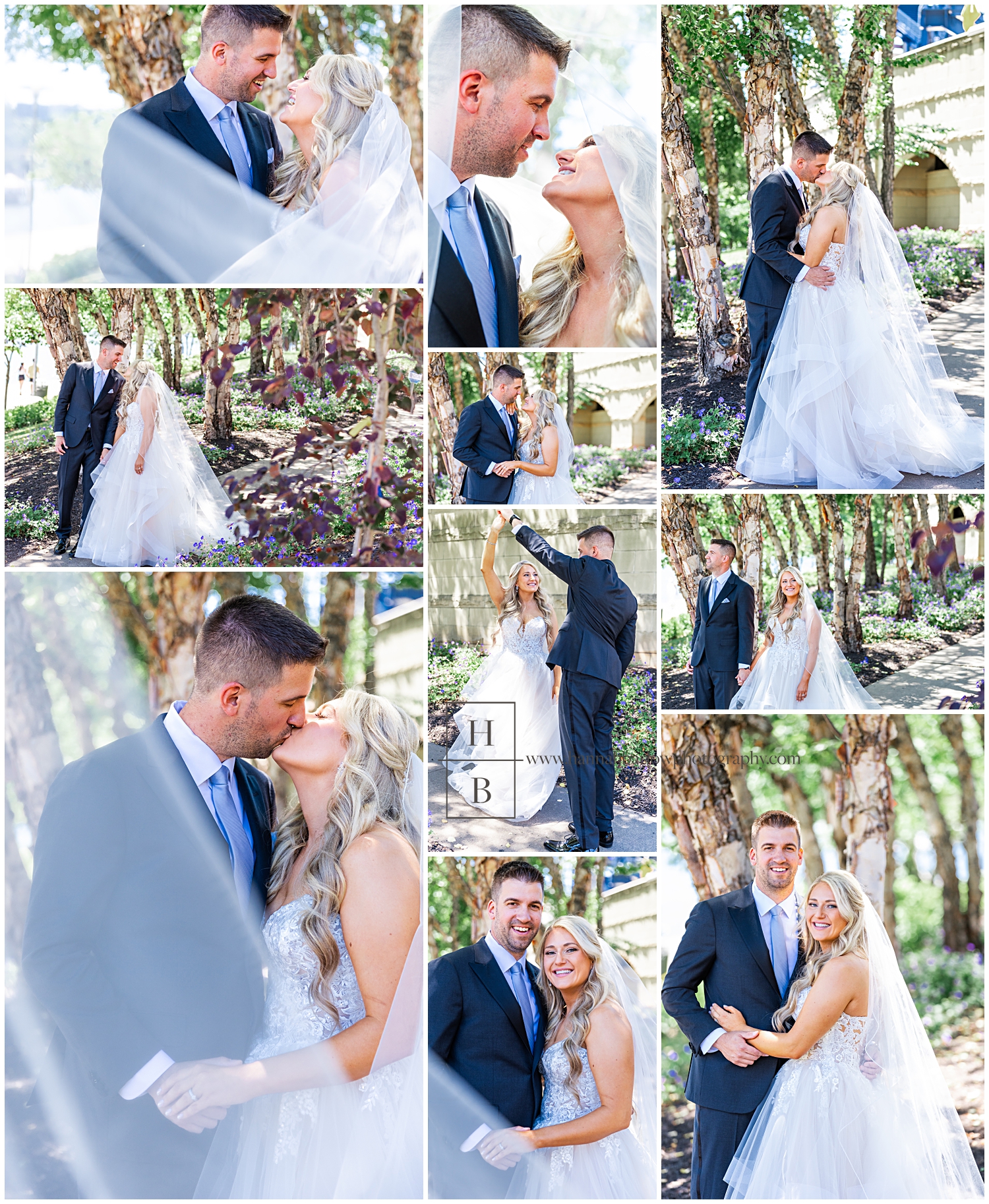 Groom in midnight blue tux poses with bride surrounded by purple flowers