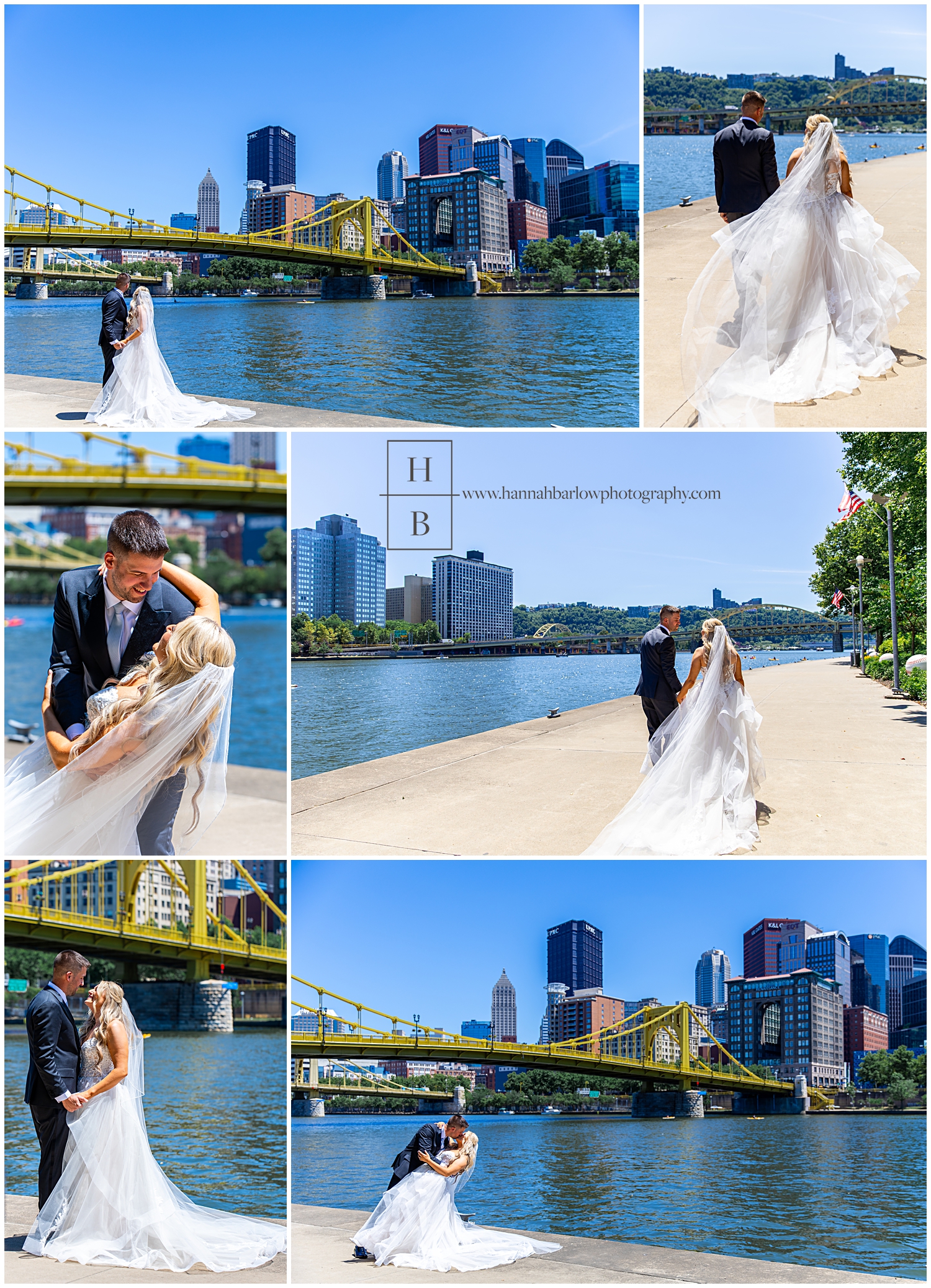 Bride and groom walk on riverside in Pittsburgh