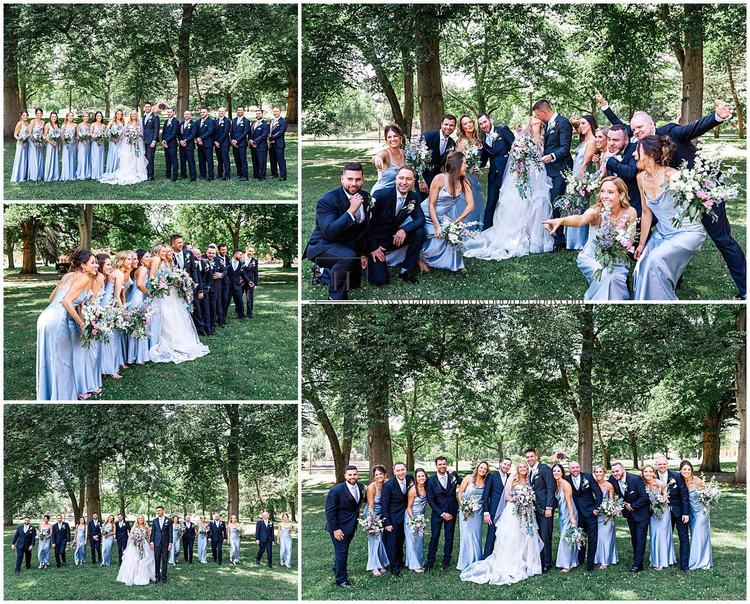 Bridal party dressed in blue pose for photos