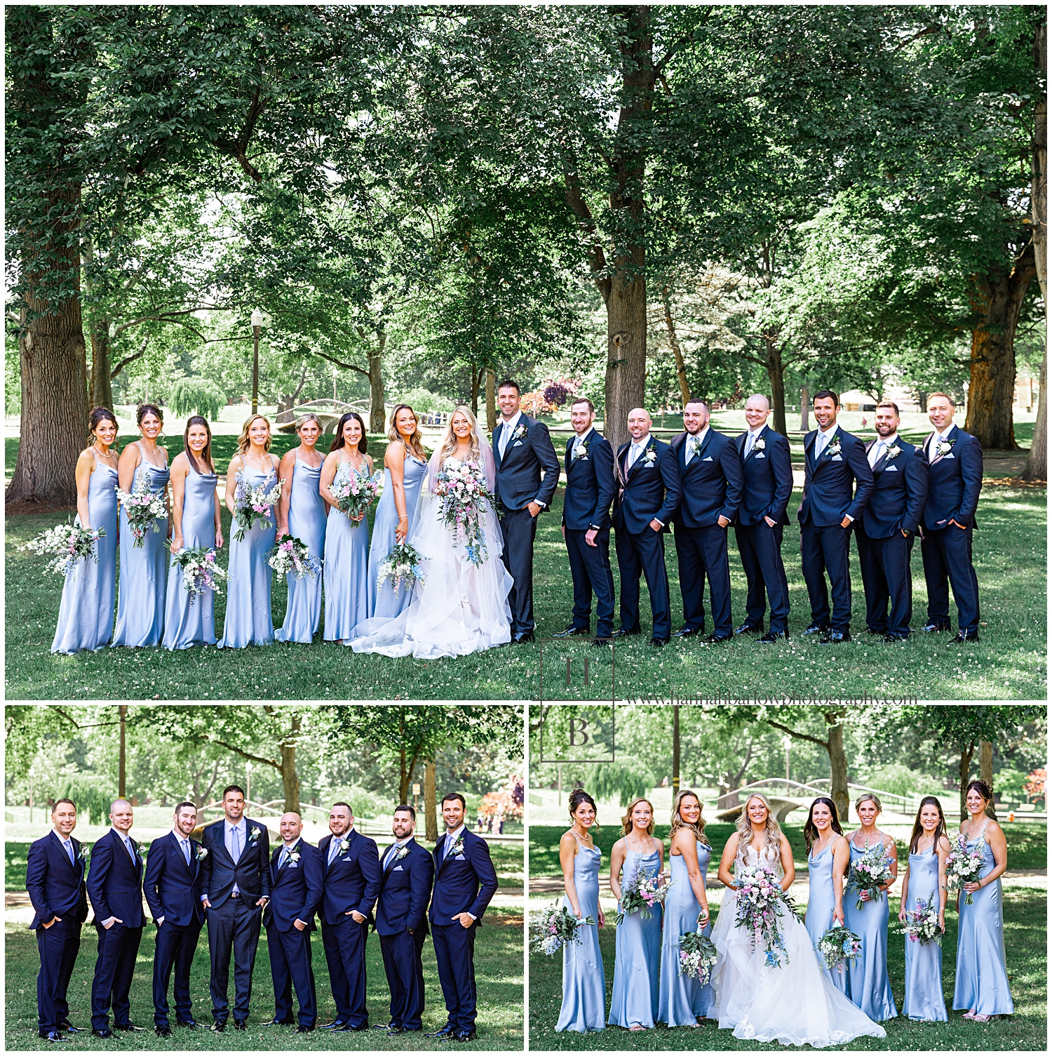 Bridal party dressed in blue pose for bridal party photos