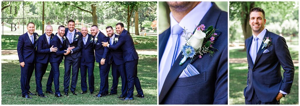 Groom wears dark blue tux and blue tie for wedding photos