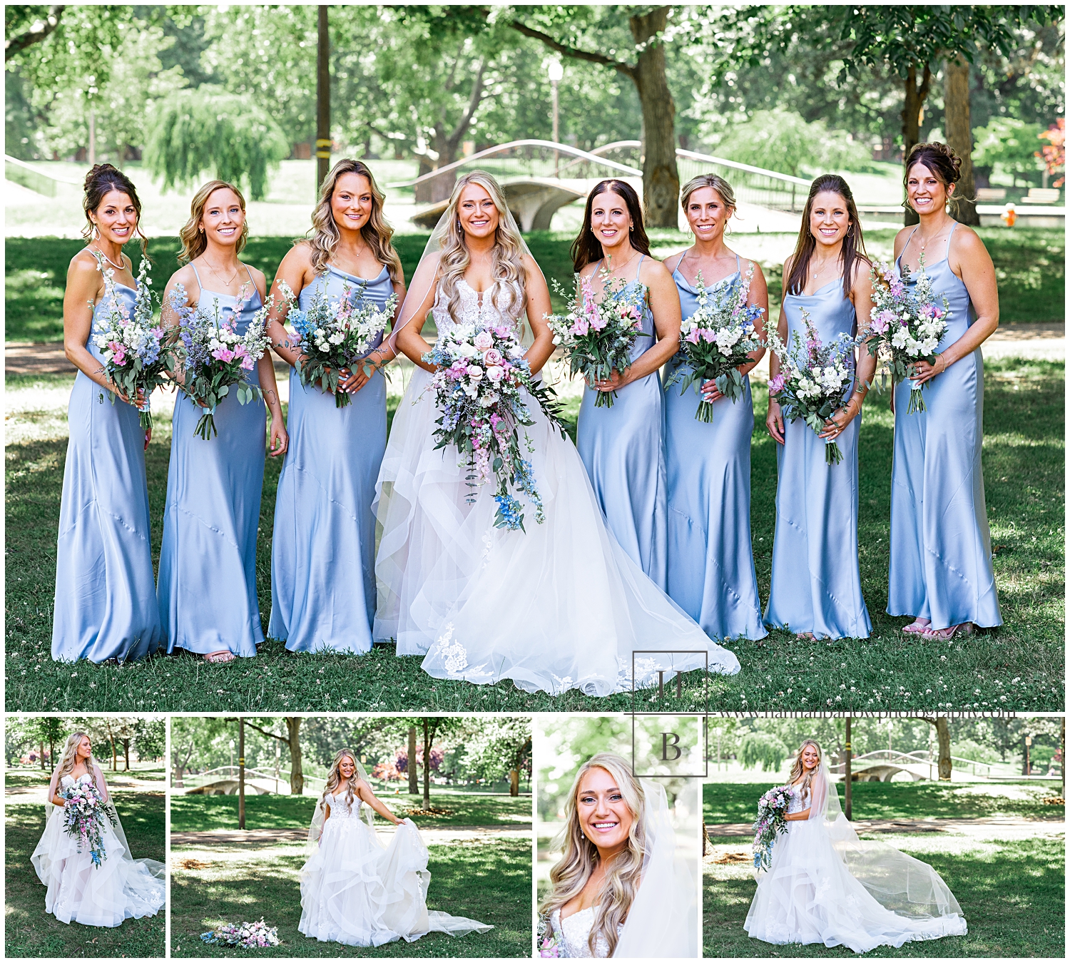 Bridesmaids in silk light blue dresses pose with bride.