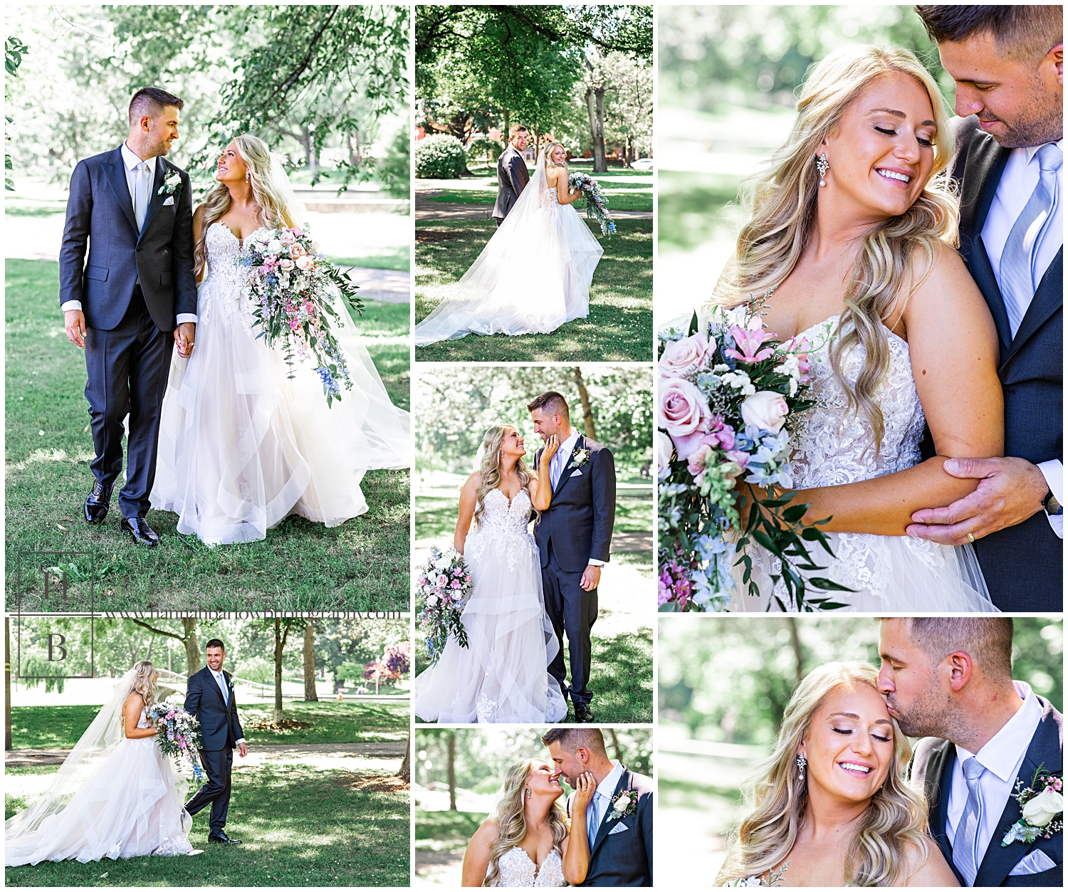 Bride and groom walk together in lush green Pittsburgh park