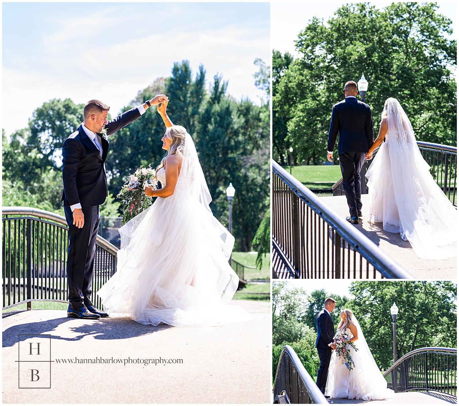 Groom spins bride on bridge