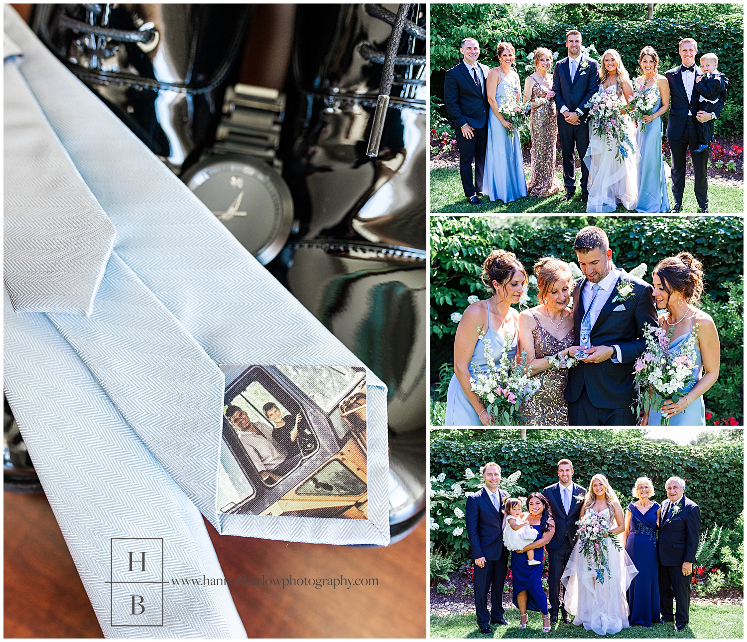 Wedding family portraits are highlighted with a photo of groom's late father on tie