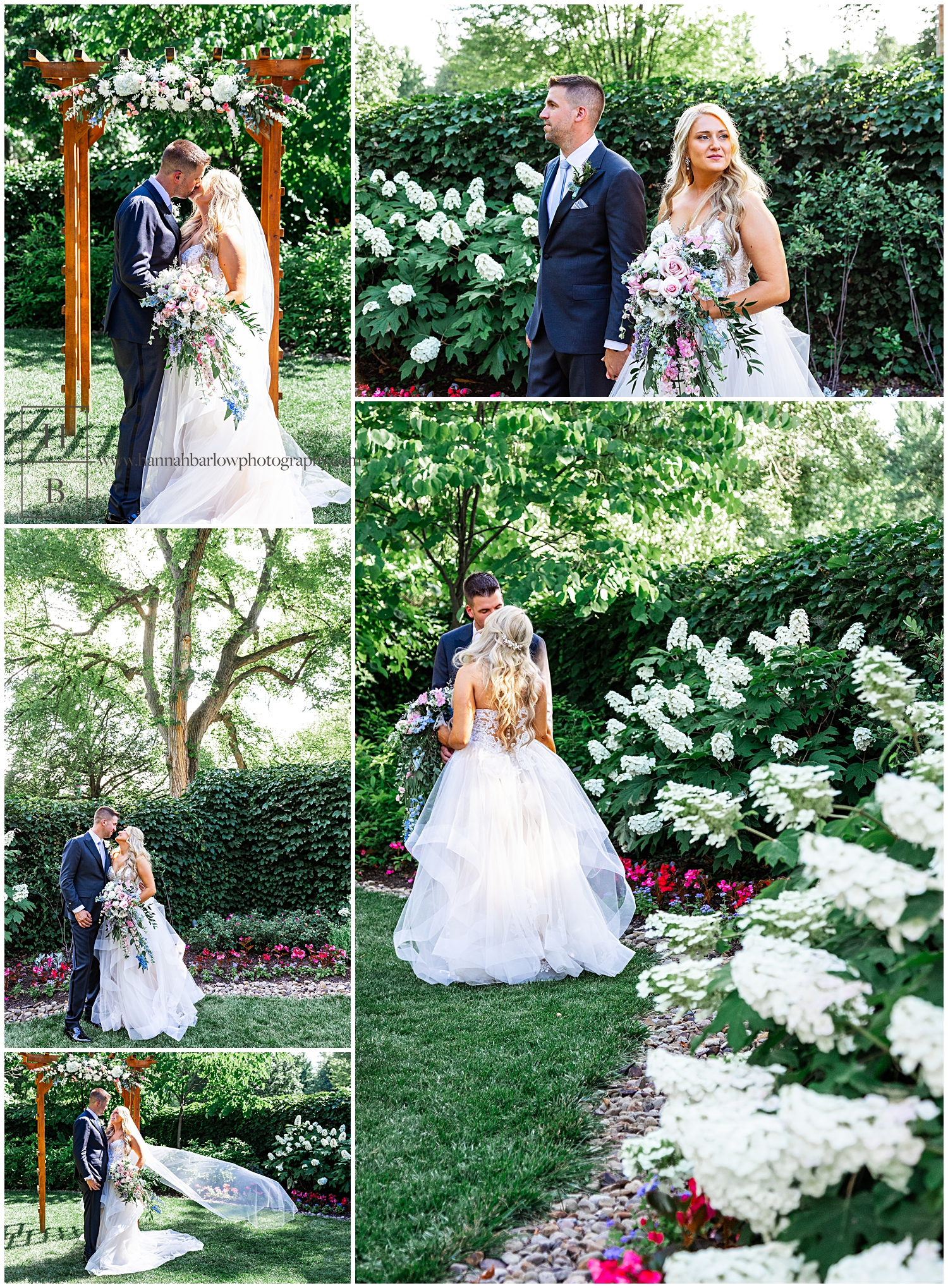 Bride and groom pose for photos in National Aviary's garden