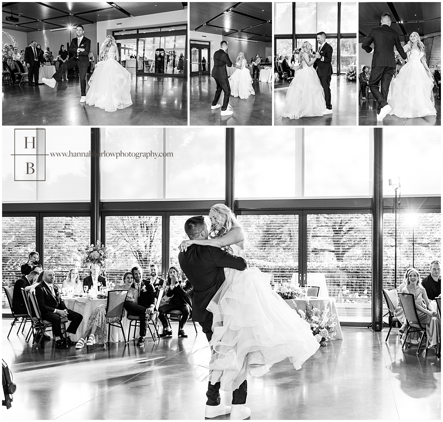 Black and white photos of bride and groom dancing first dance