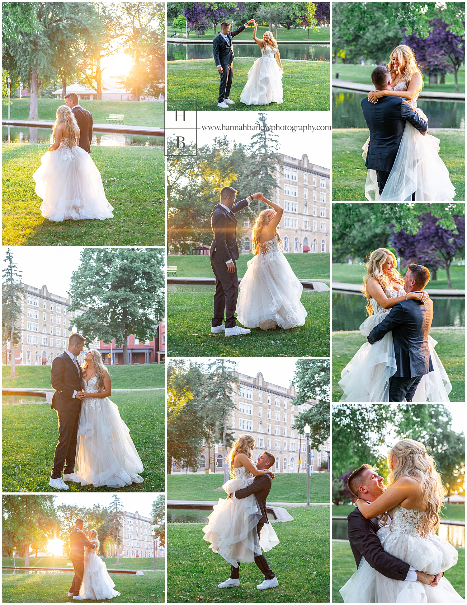 Golden hour wedding photos with bride and groom