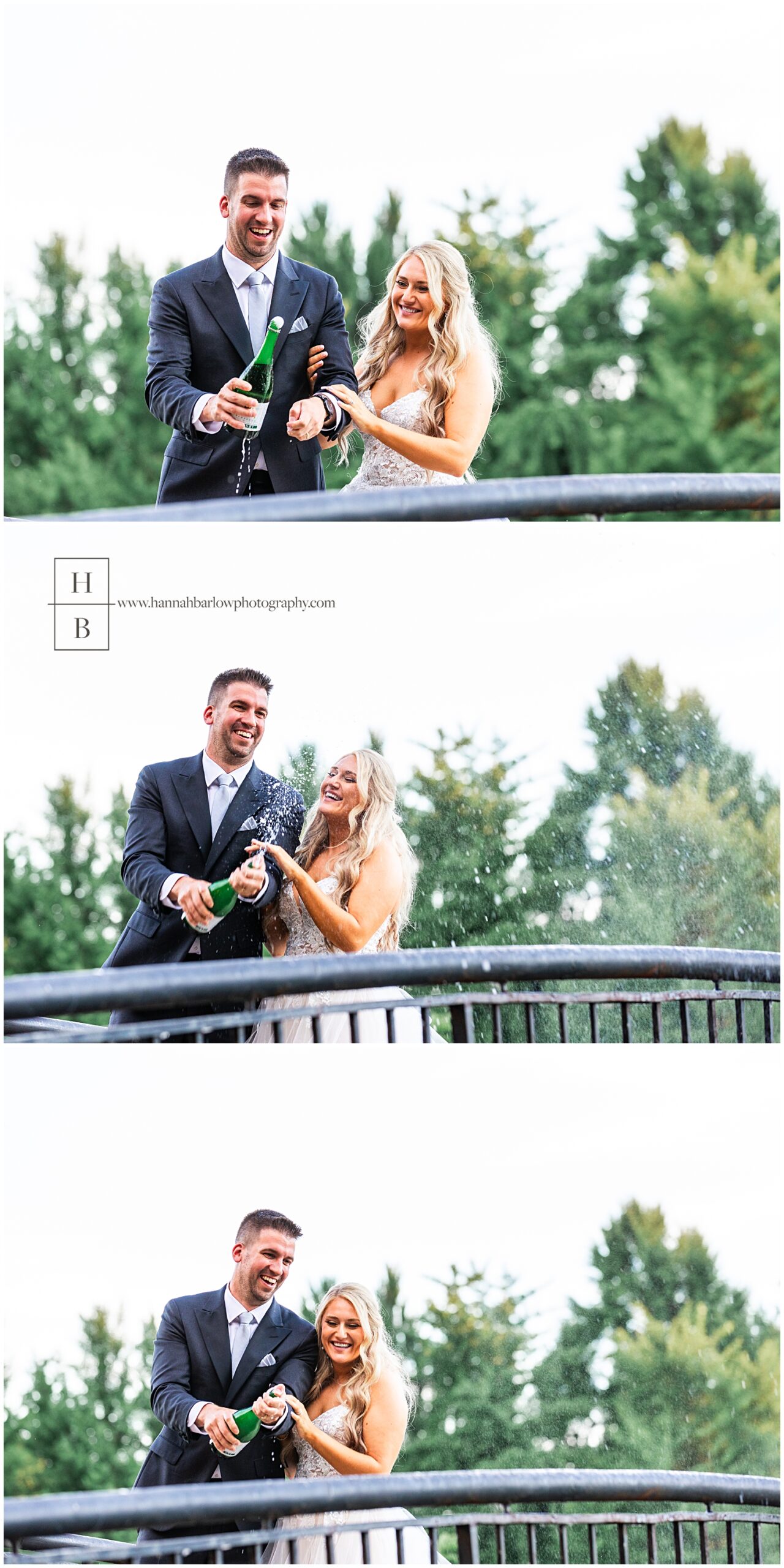 Bride and groom pop champagne on bridge and laugh