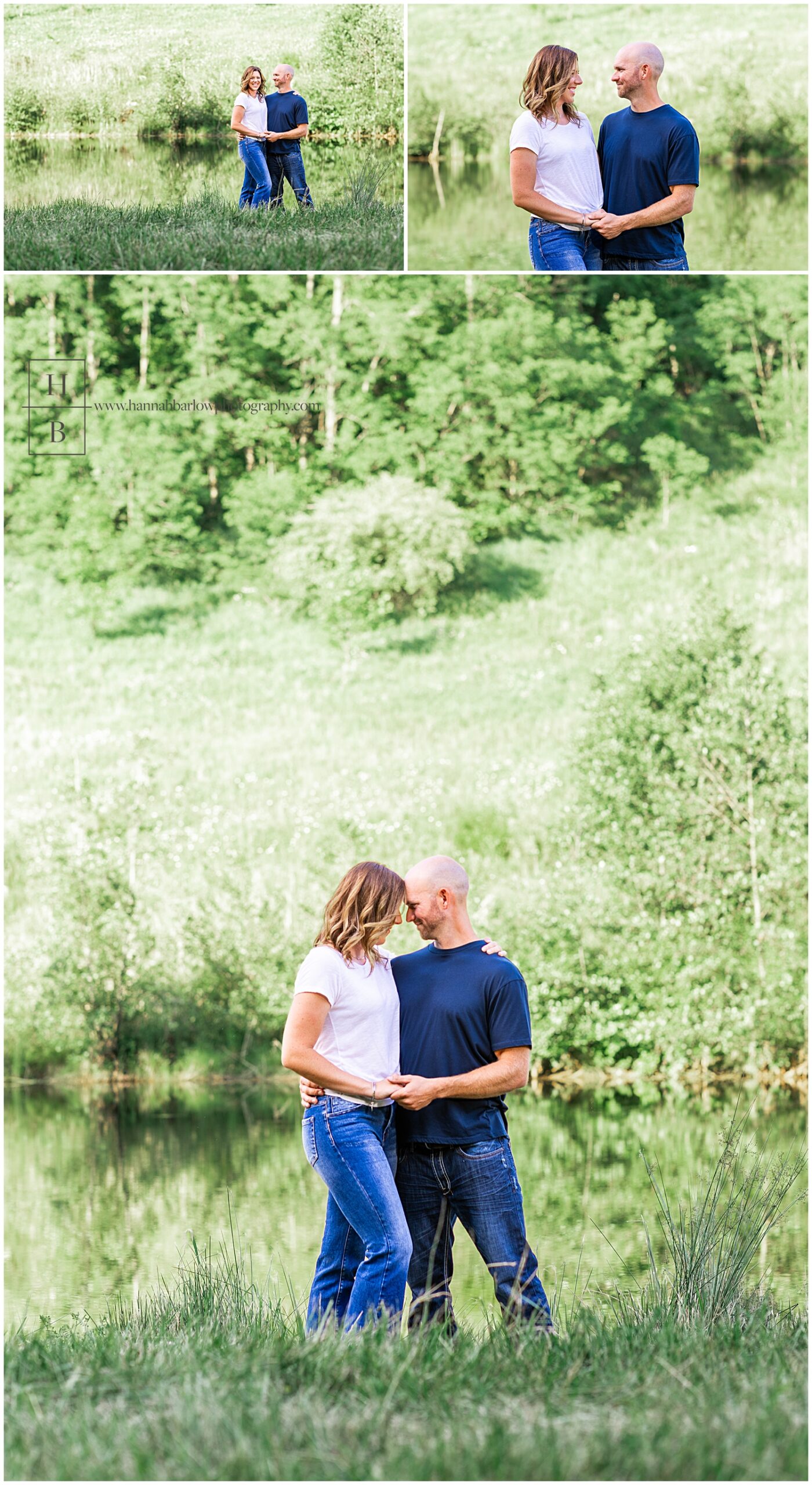 Couple stands by lake and embraces for engagement photos