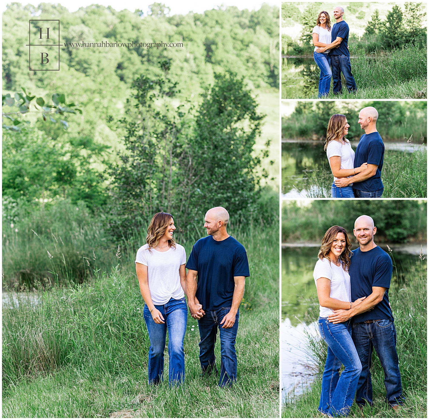 Couples walks by lake in the country for engagement photos