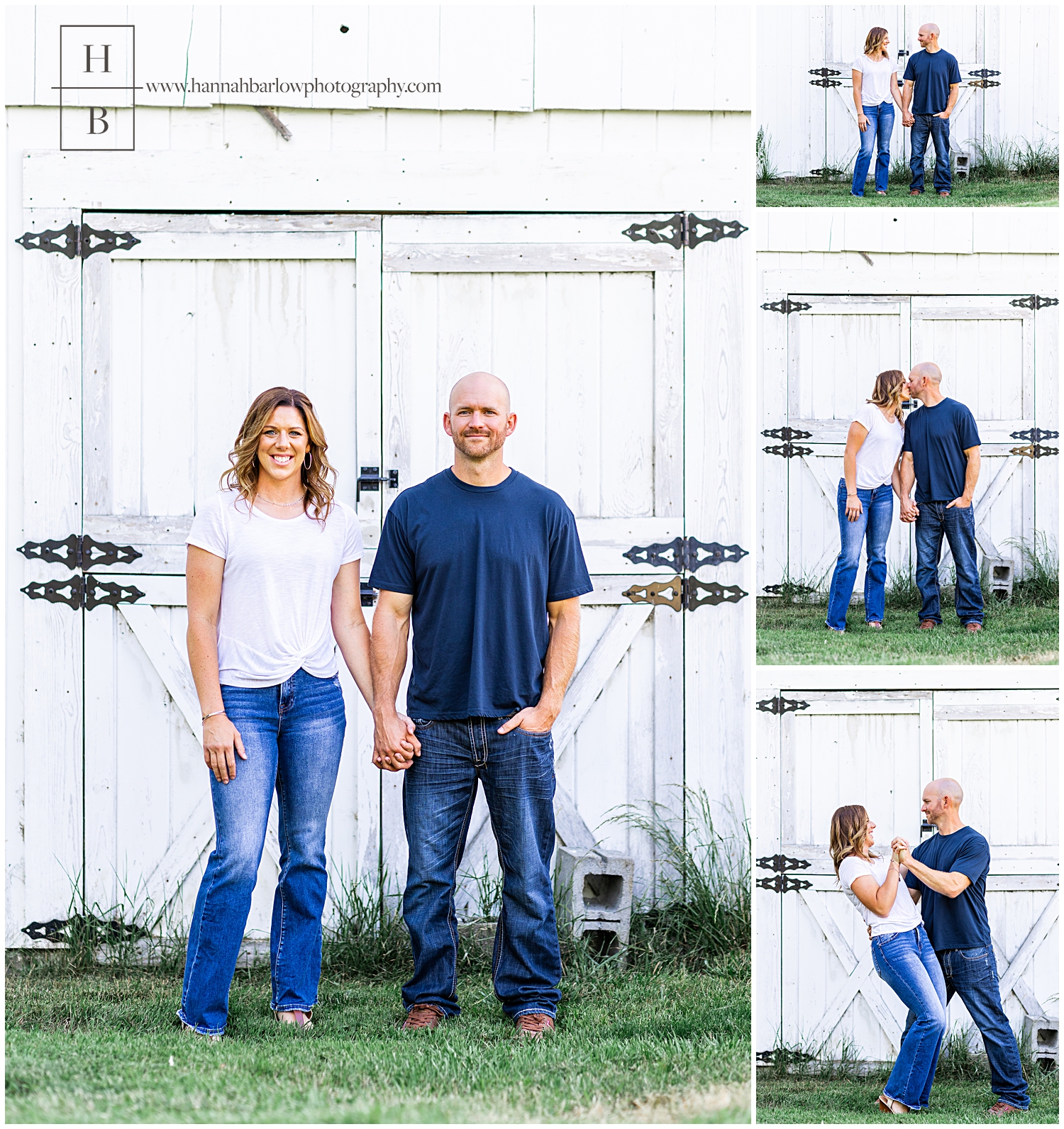 Couple stands in front of rustic white barn for country engagement photos