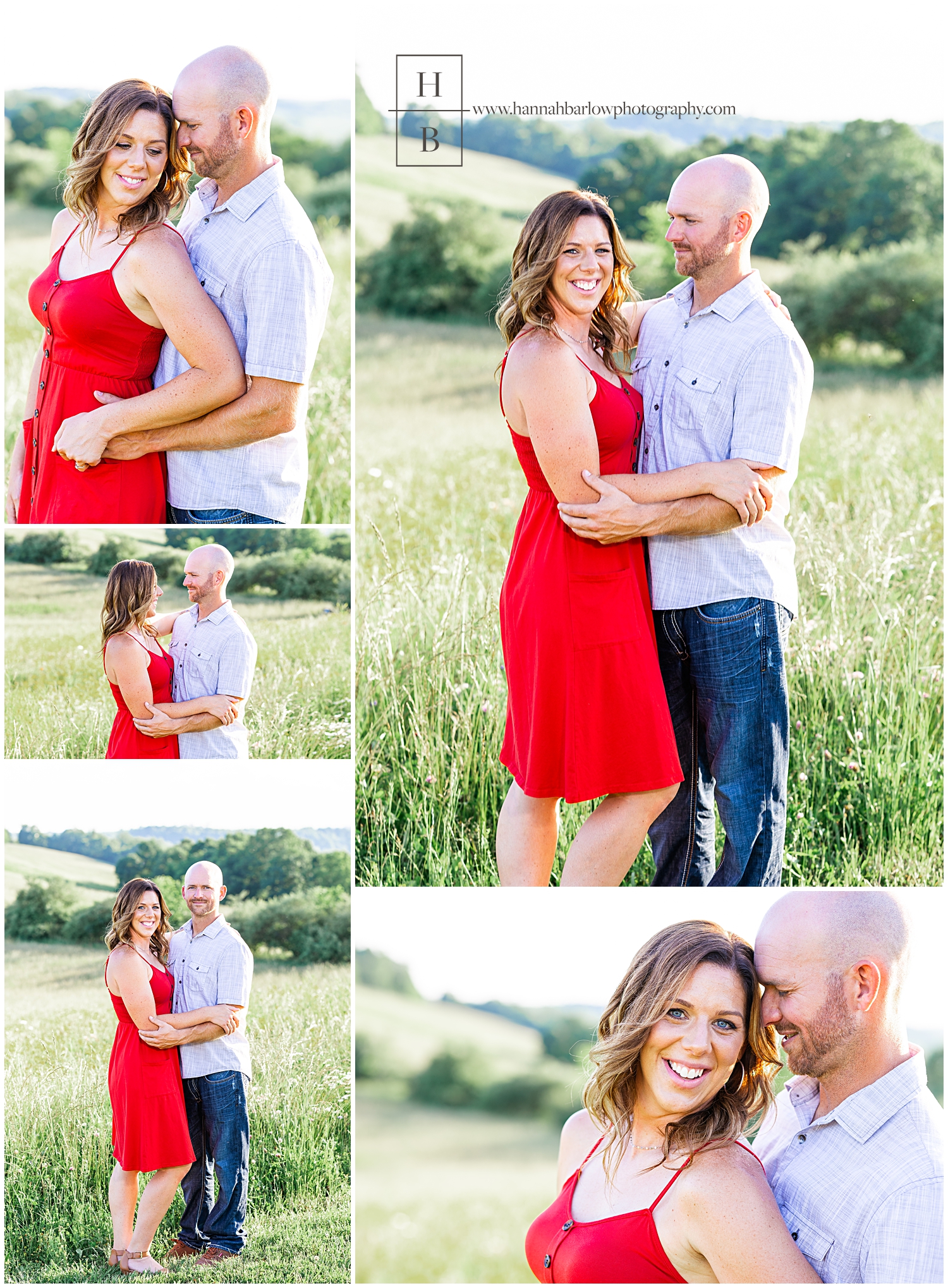 Women in red dress poses with fiancée in field for engagement photos