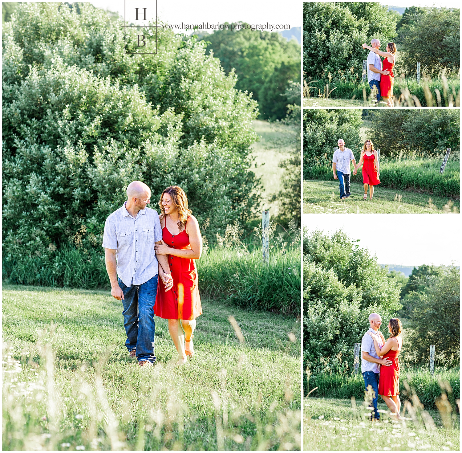 Man and woman walk on path in field for engagement photos