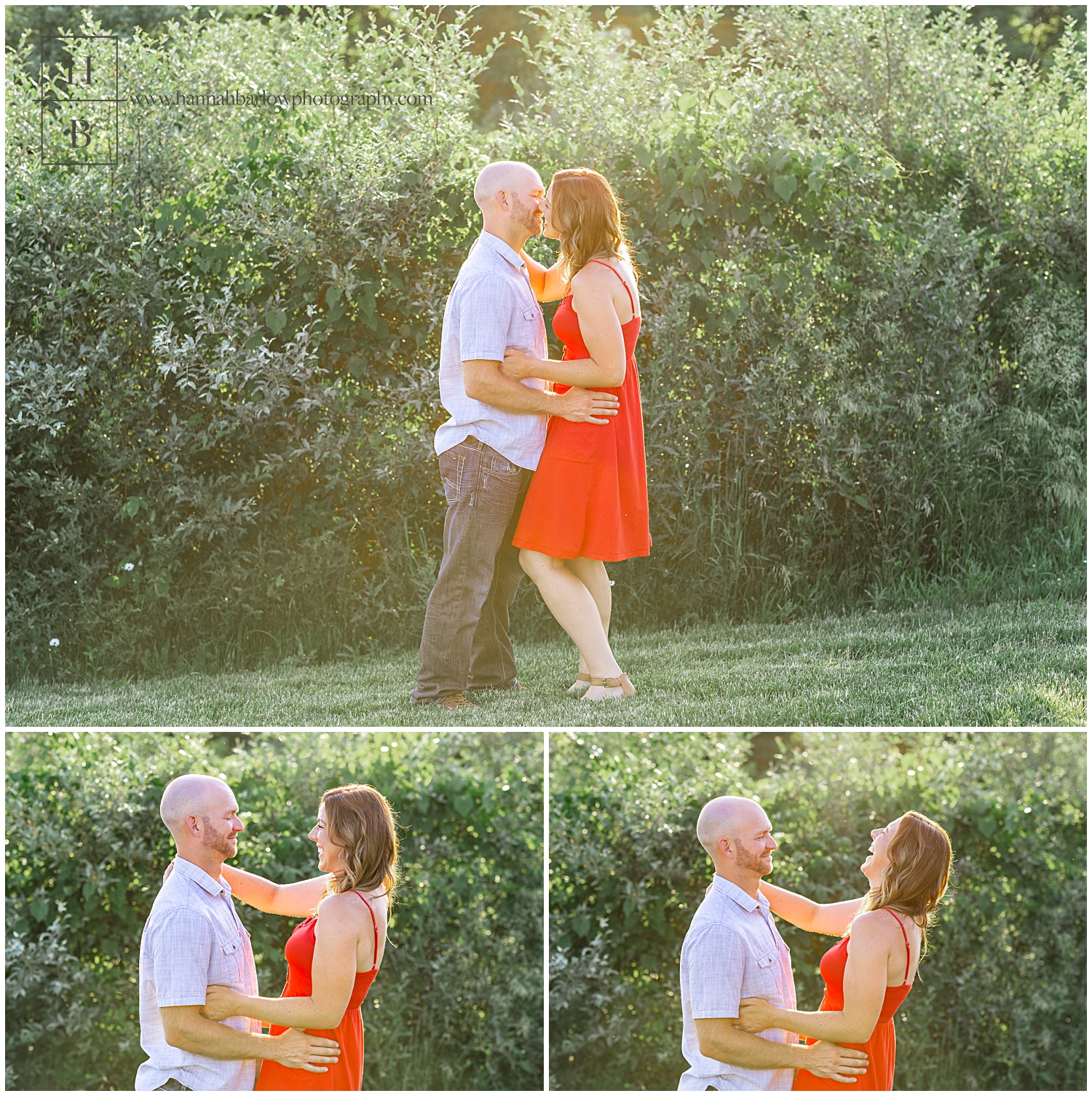 Man and women pose during golden hour sunlight for engagement photos