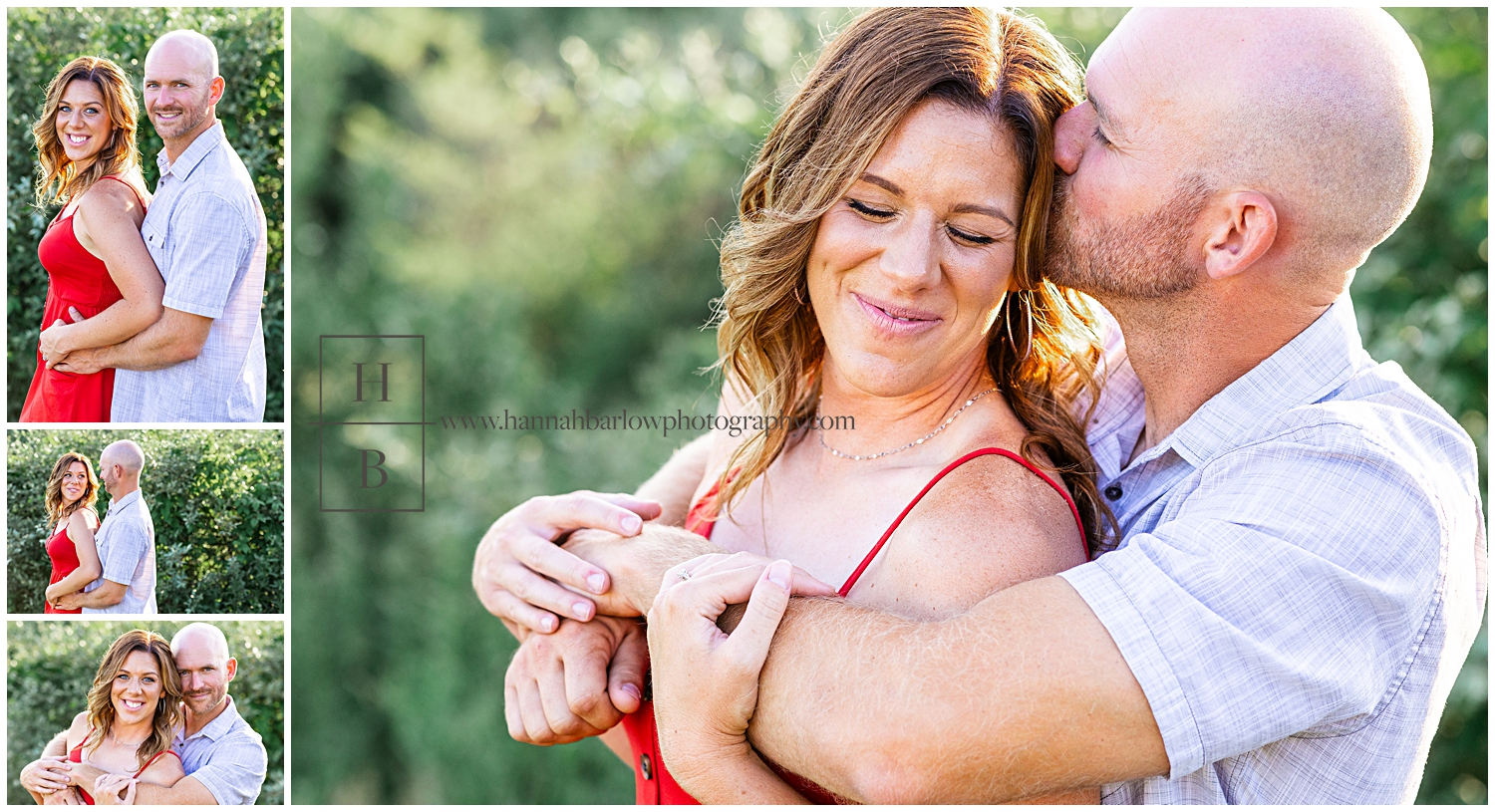 Man bear hugs fiancee for close up engagement photo