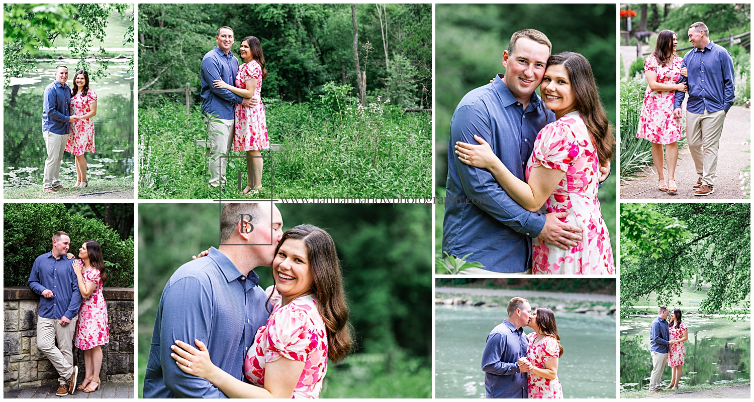 Couple poses for summer engagement photos in lush green weeds