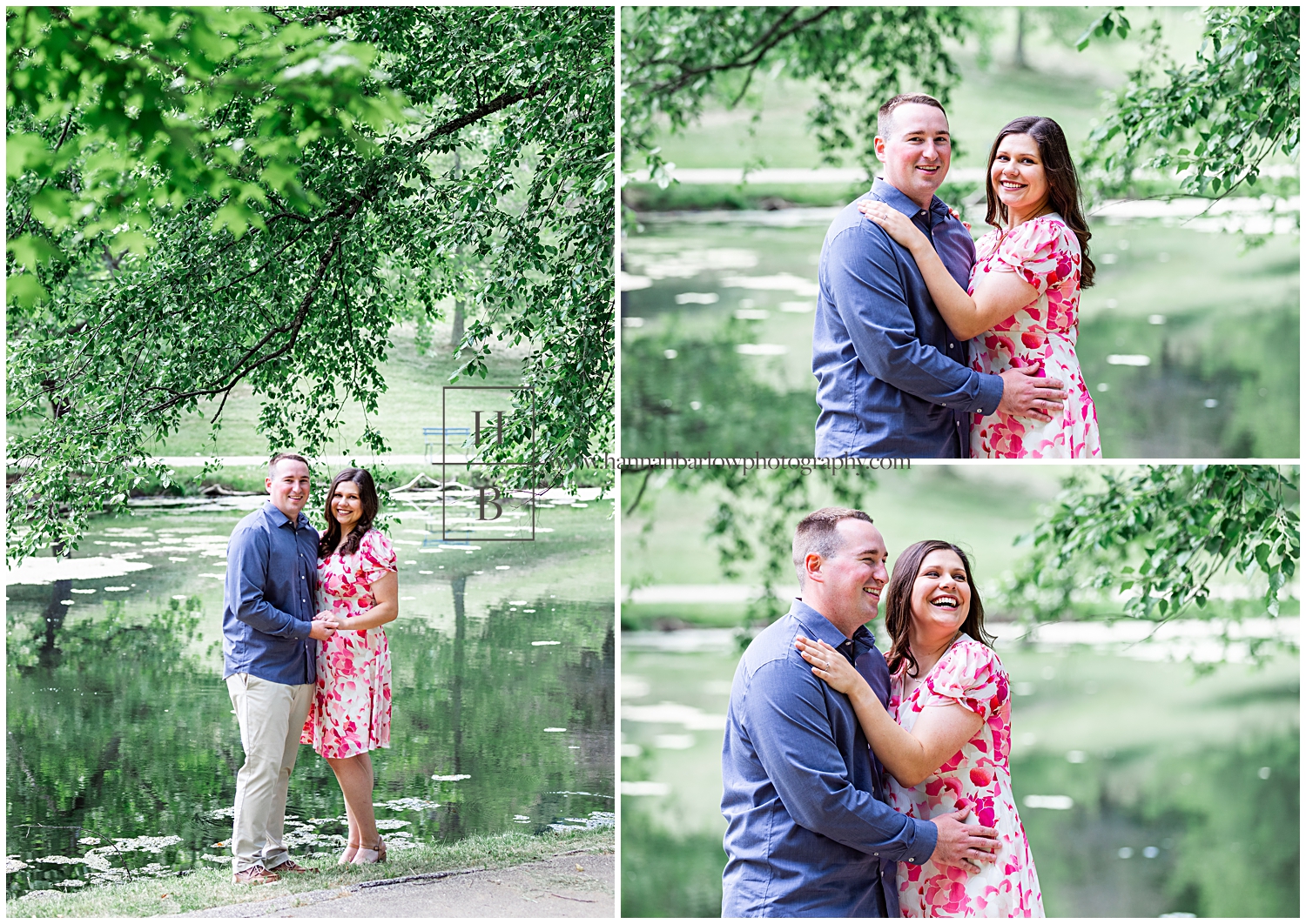 Lady in pink dress poses with fiance in blue shirt for engagement photos