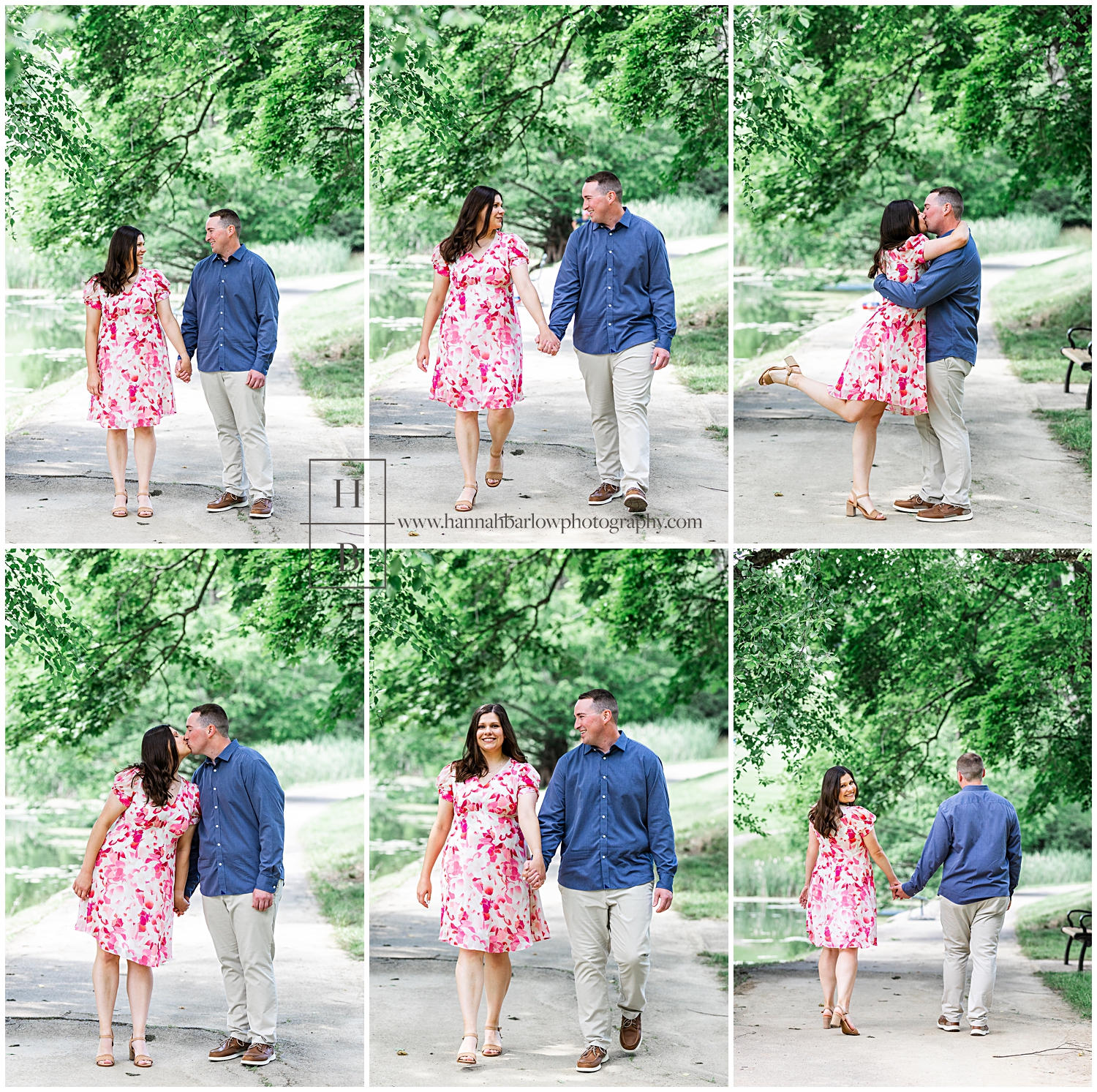 Couple walks hand in hand by lake for engagement photos