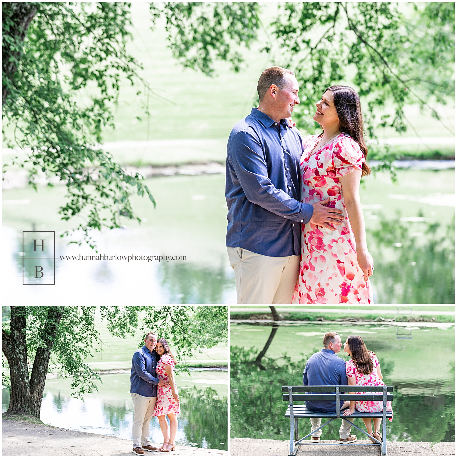 Lady in pink dress hold dress in wind by lake for engagement photos with man in blue shirt