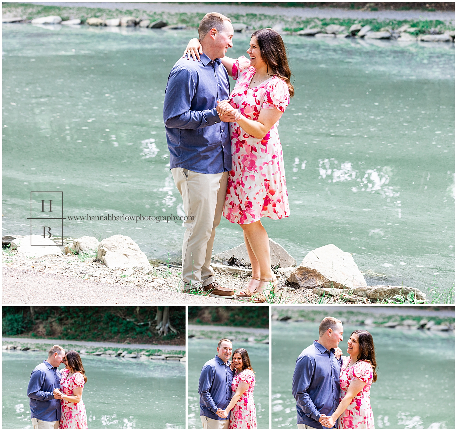 Man and woman pose for photos by teal lake