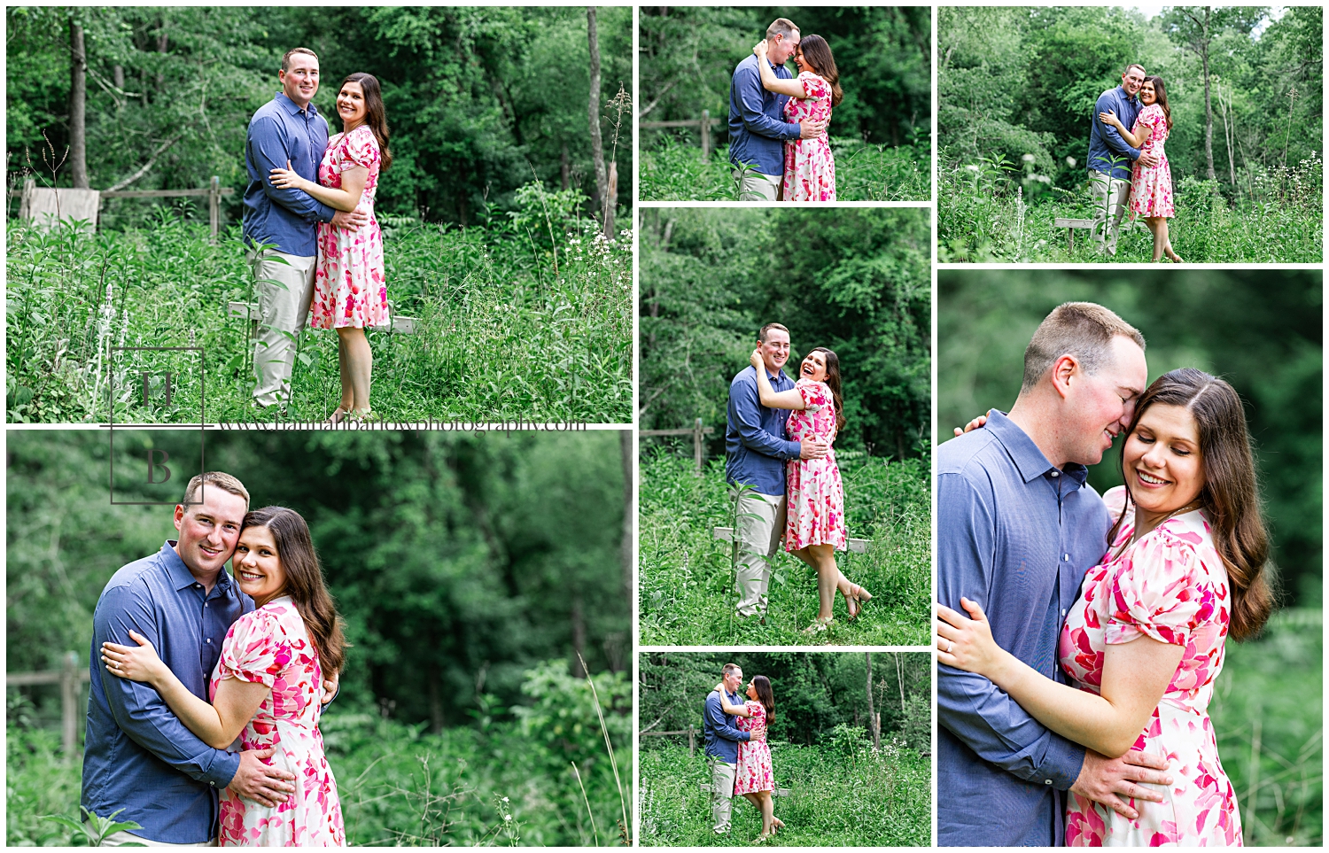 Man and woman pose for engagement photos in garden