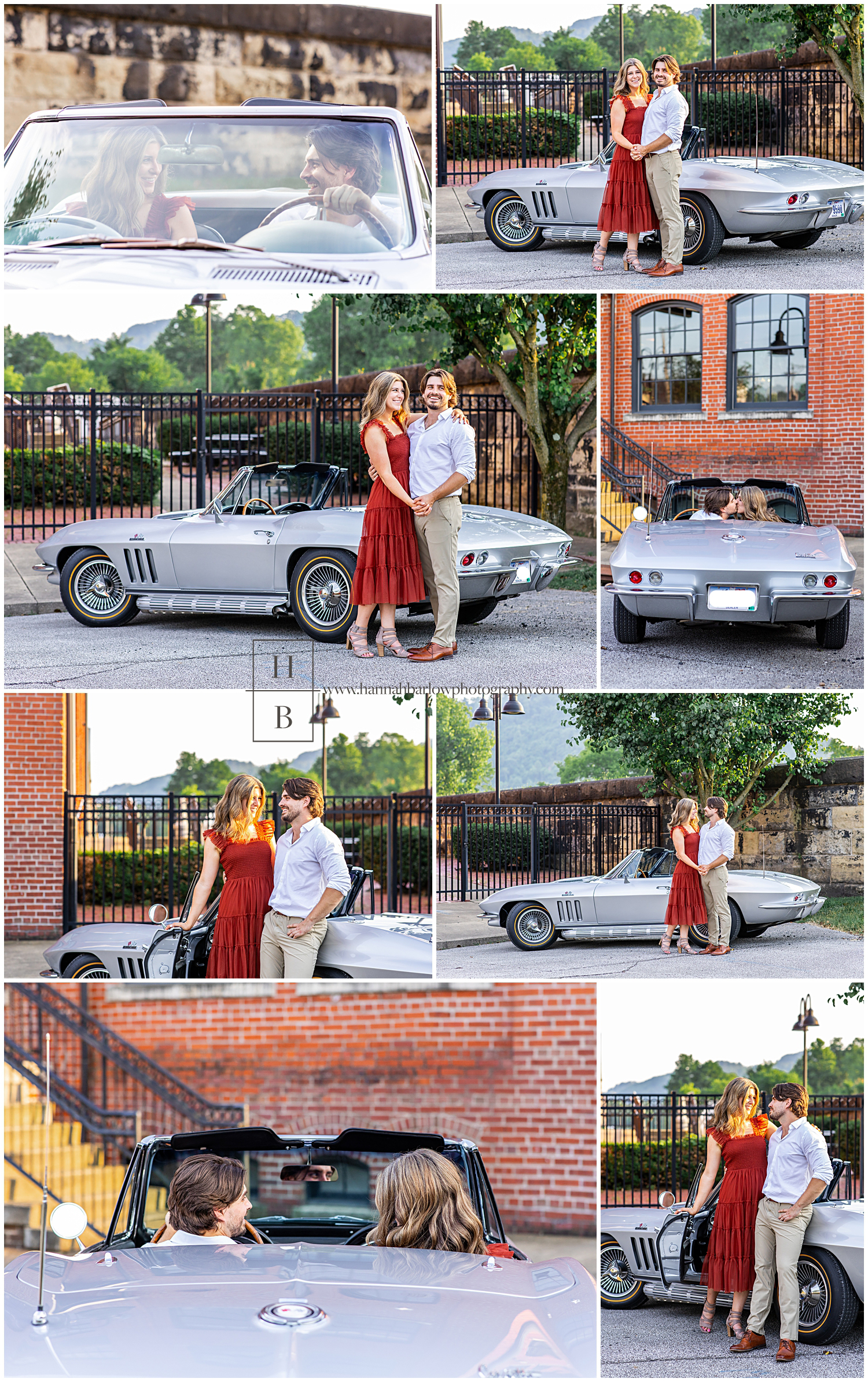 Couple poses in front of silver 1960's classic corvette for engagement photos