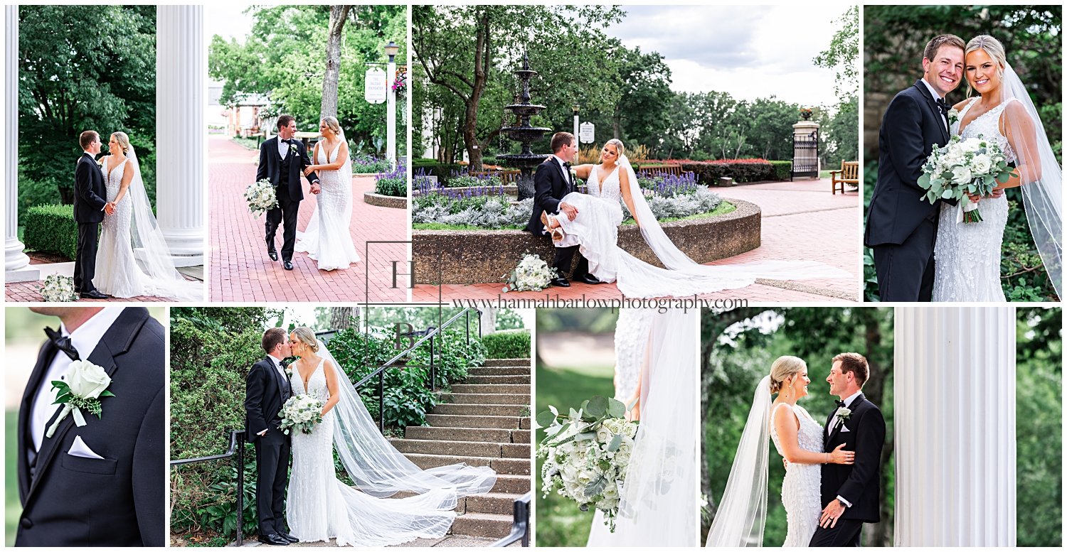 Summer wedding photos of couple posing by stone and fountain